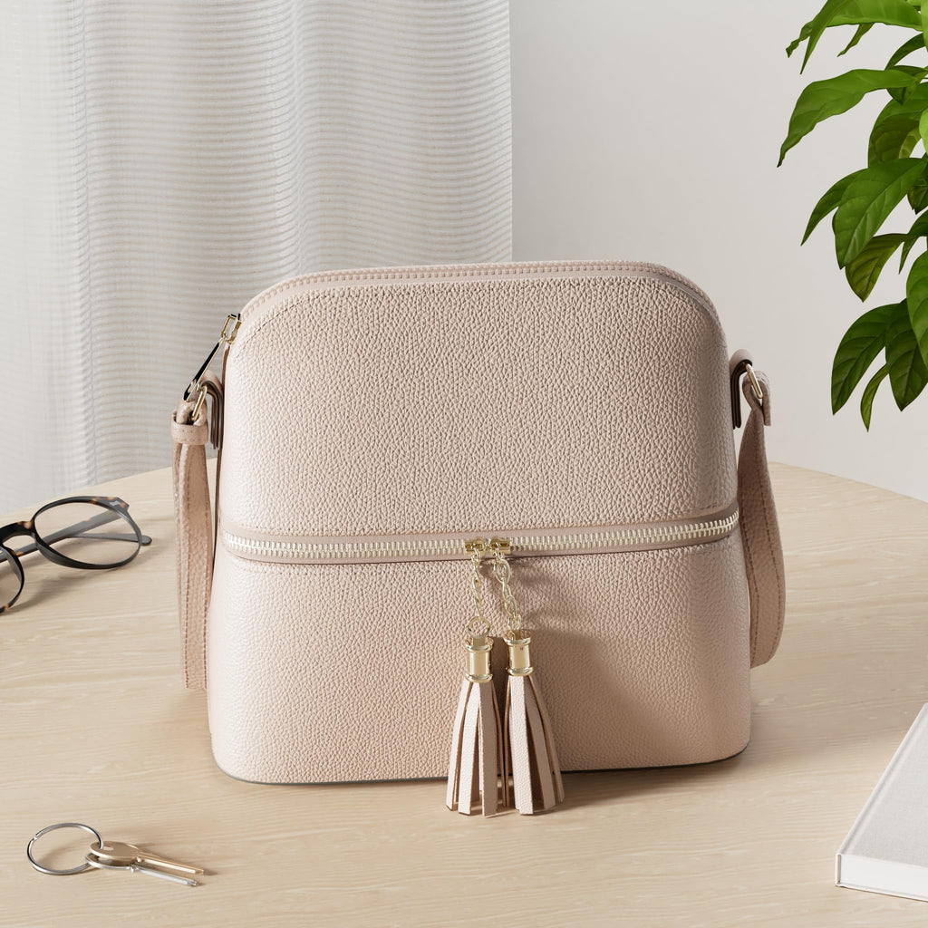 SG SUGU Lunar Lightweight Medium Dome Crossbody Bag Shoulder Bag with Double Tassels | Zipper Pocket | Adjustable Strap|Beige