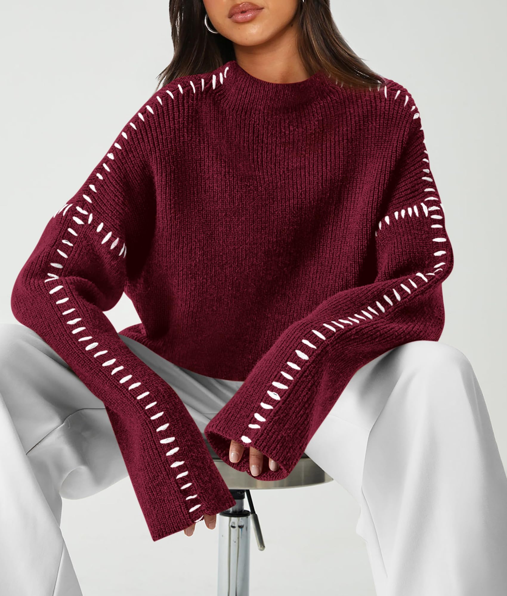 PRETTYGARDEN Women's Chunky Knit Sweaters 2026 Fall Long Sleeve Mock Neck Oversized Pullover Tops Winter Fashion Clothes (Wine Red,Large)