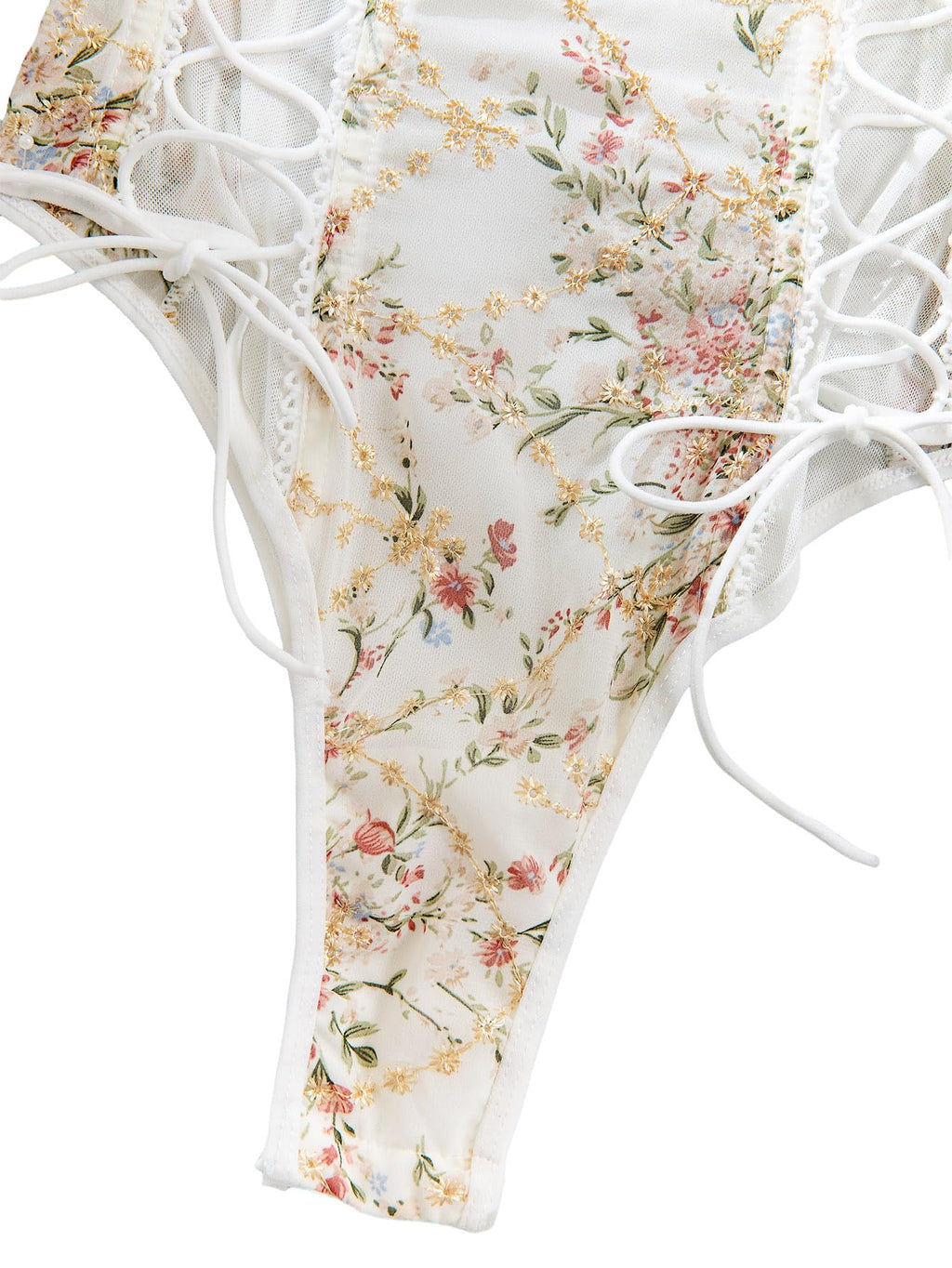 Lilosy Women Sexy Lace Up Floral Embroidered Teddy Lingerie Bodysuit Top Mesh Sheer One Piece Babydoll See Through Underwire Flower White Medium