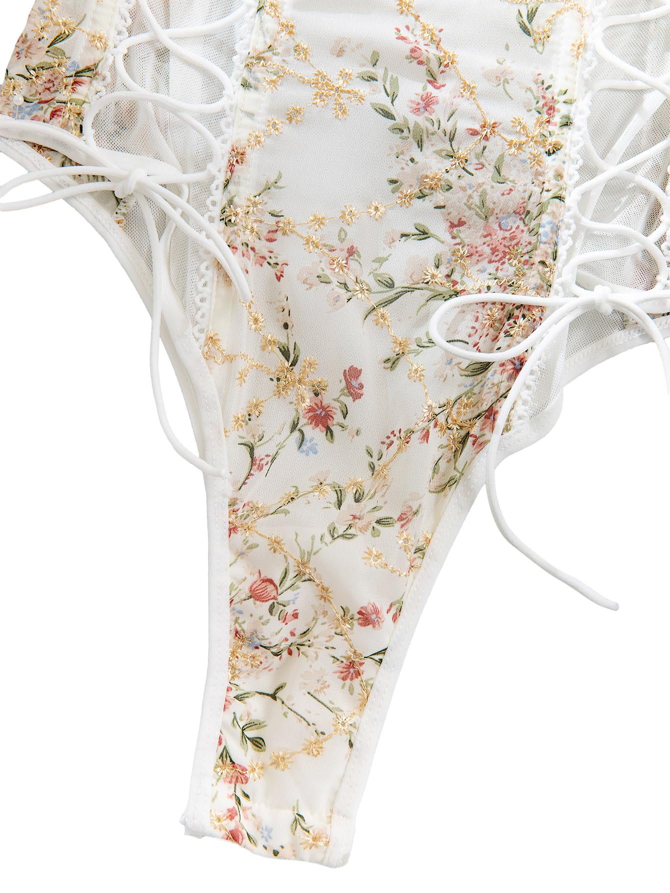 Lilosy Women Sexy Lace Up Floral Embroidered Teddy Lingerie Bodysuit Top Mesh Sheer One Piece Babydoll See Through Underwire Flower White Medium