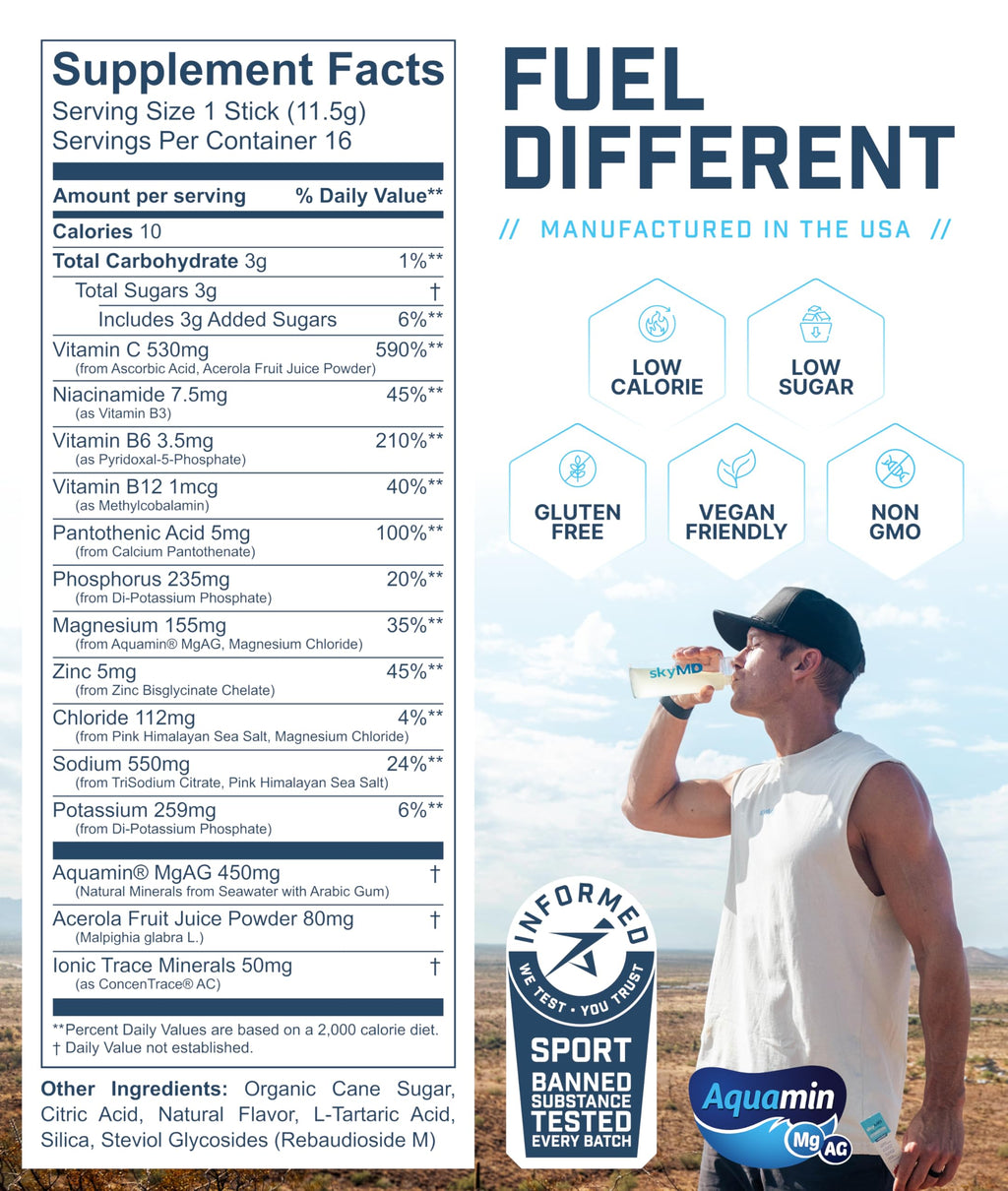 SkyMD Hydration packets with electrolytes powder- Add to water or any liquid- Hydration Multiplier Variety Pack: Lemon Lime, Passion Fruit, Strawberry, Watermelon- Great source of Vitamin C- 16 Sticks
