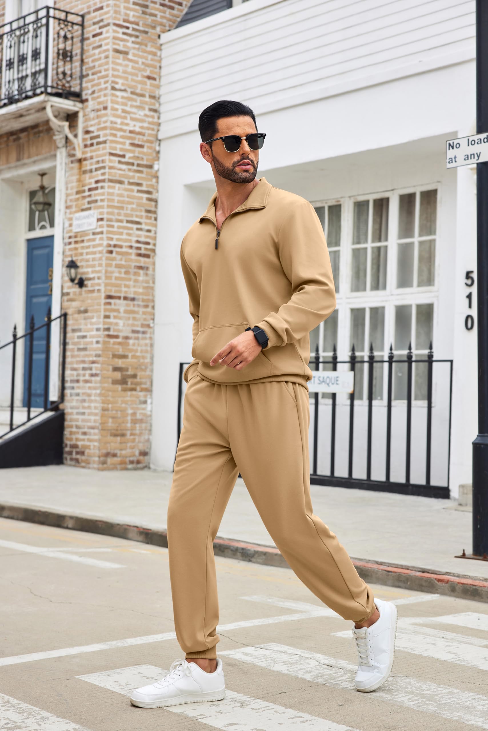 COOFANDY Men's Jogging Outfits 2 Piece Casual Outfit Sets Quarter Zip Pullover Lightweight Khaki XXXL
