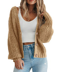 PRETTYGARDEN Long Sleeve Button Up Womens Sweaters Spring 2024 Open Front Plain Cardigans Sweaters Loose Soft Knit Coat Outerwear(Khaki,Medium)