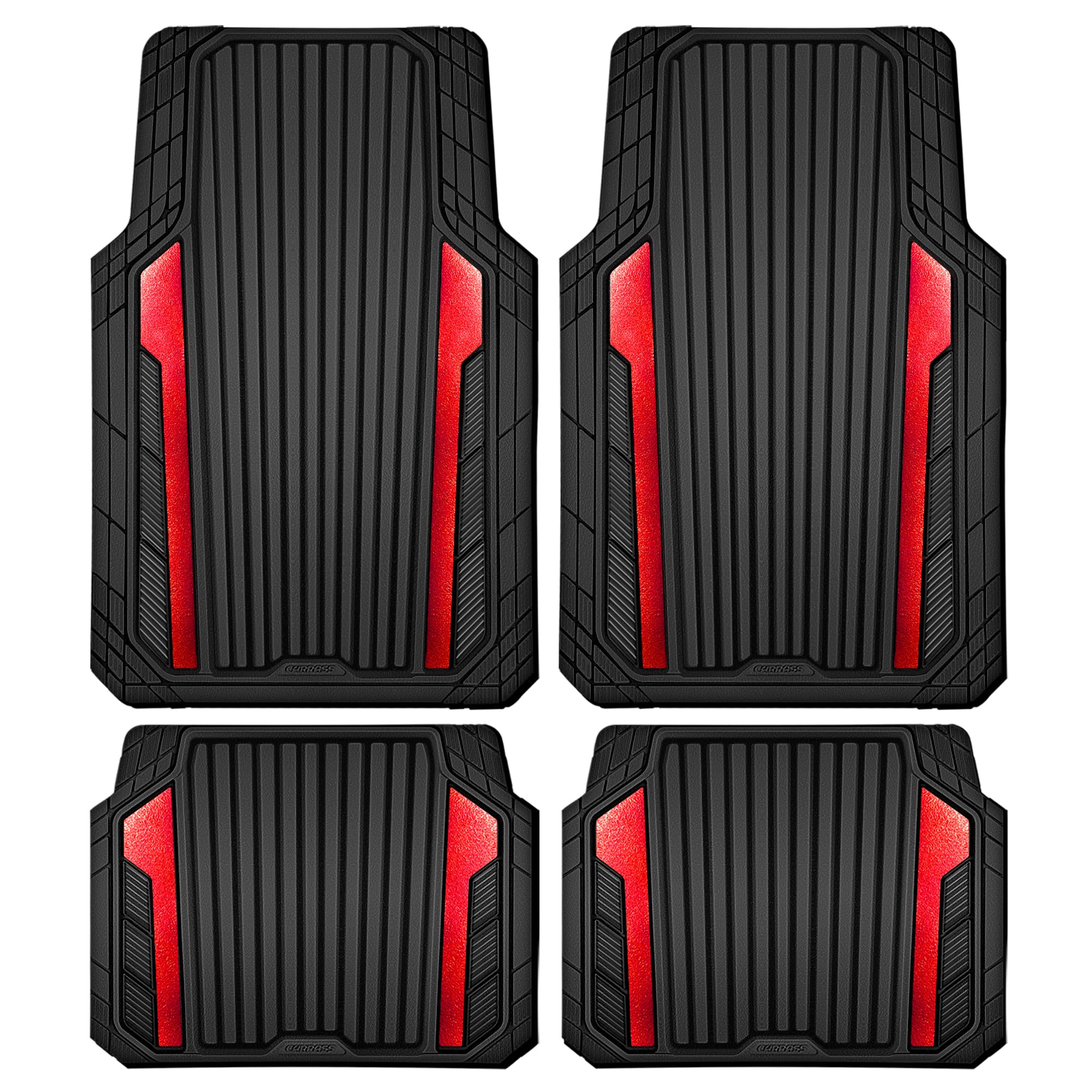 CAR PASS Heavy Duty Rubber Car Mats Metallic, Aluminum Film All Weather Floor Mats Waterproof Universal Trim to Fit Automotive SUV Sedan Van 4 Piece Anodized Deep Dish Two-Tone Sporty Black Red Chrome