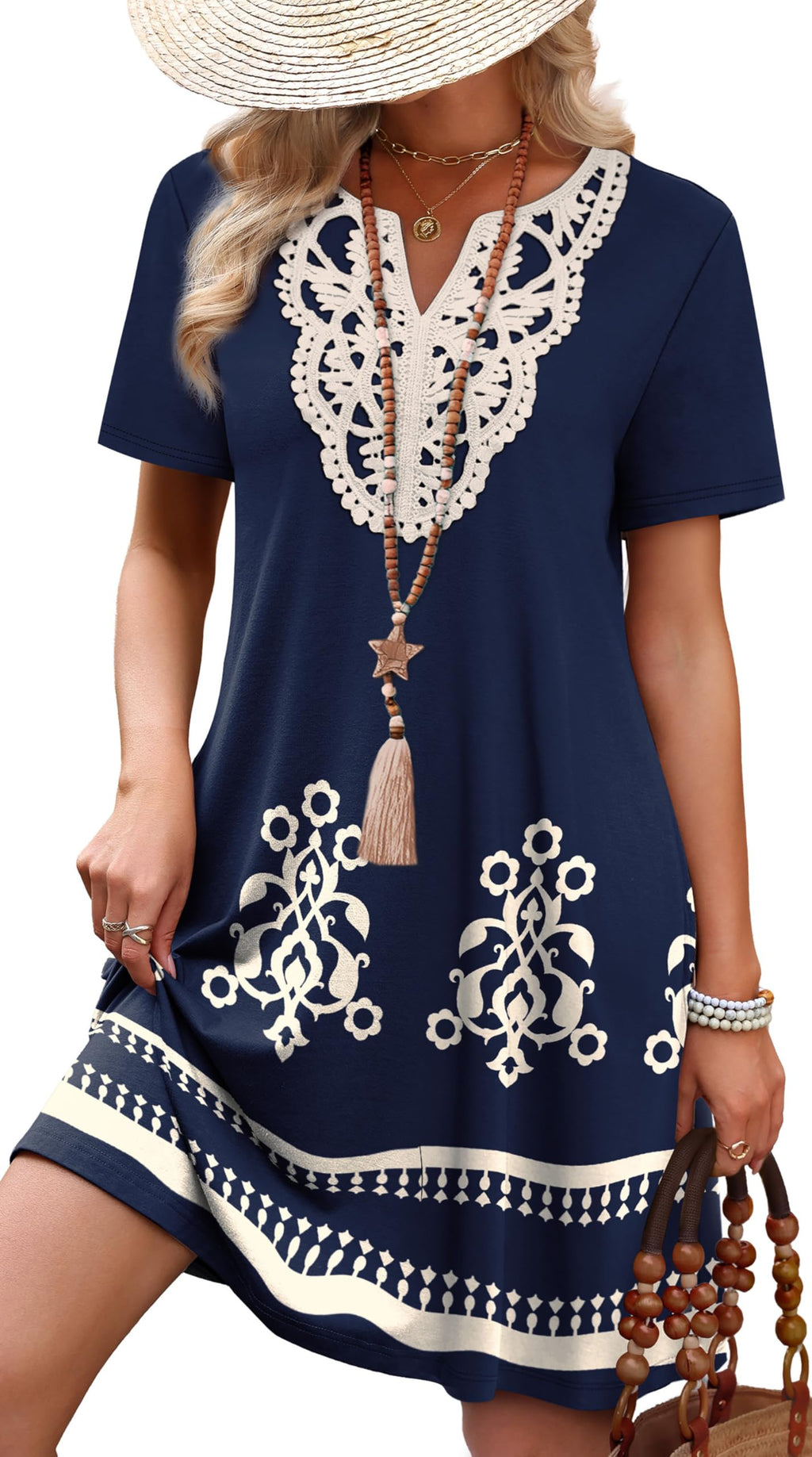 Womens Summer Dresses Casual Midi Dress Beach Vacation Outfits Wedding Guest Floral Dress Lace Spring Clothes Hawaiian Elegant Classy Cute Cruise Outfits for Women Resort Wear L