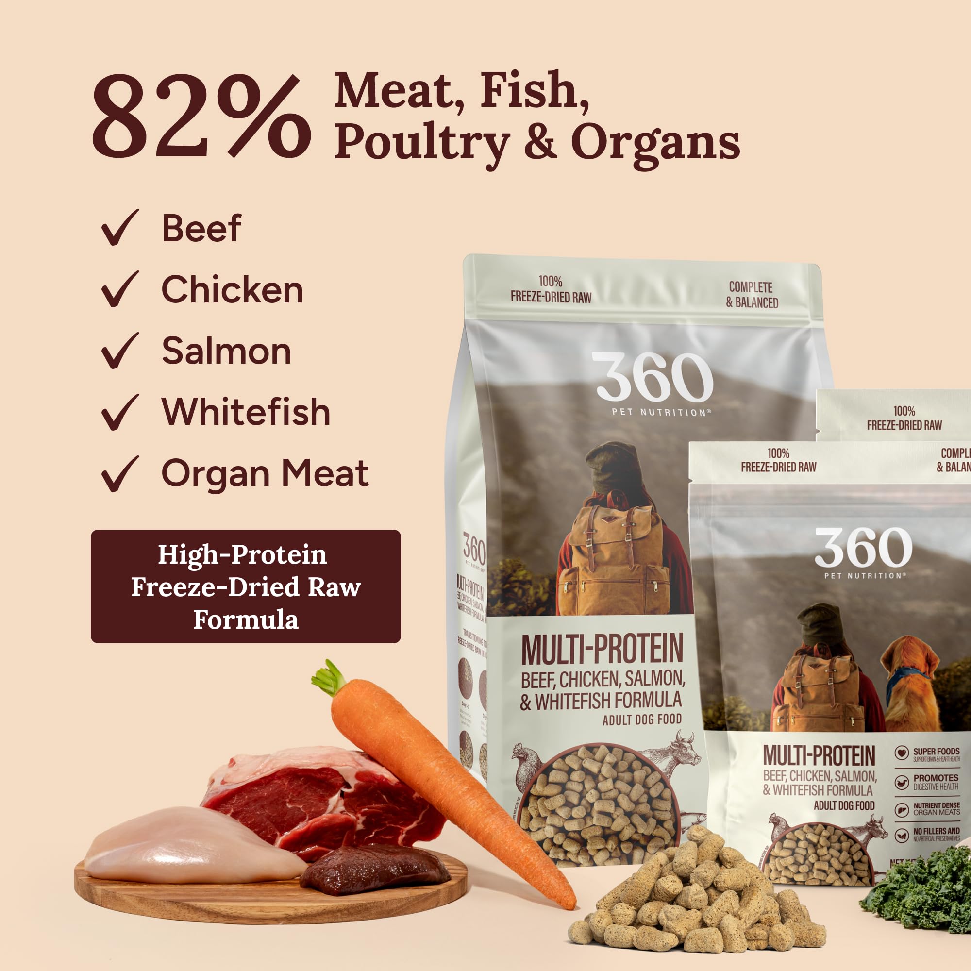 360 Pet Nutrition Freeze-Dried Raw Dog Food – Multi-Protein with Beef, Chicken, Fish, Liver & Organs, High Protein, Omega-3s, Fruits, Veggies & Superfoods, Grain-Free, No Fillers, 3 lb – Made in USA
