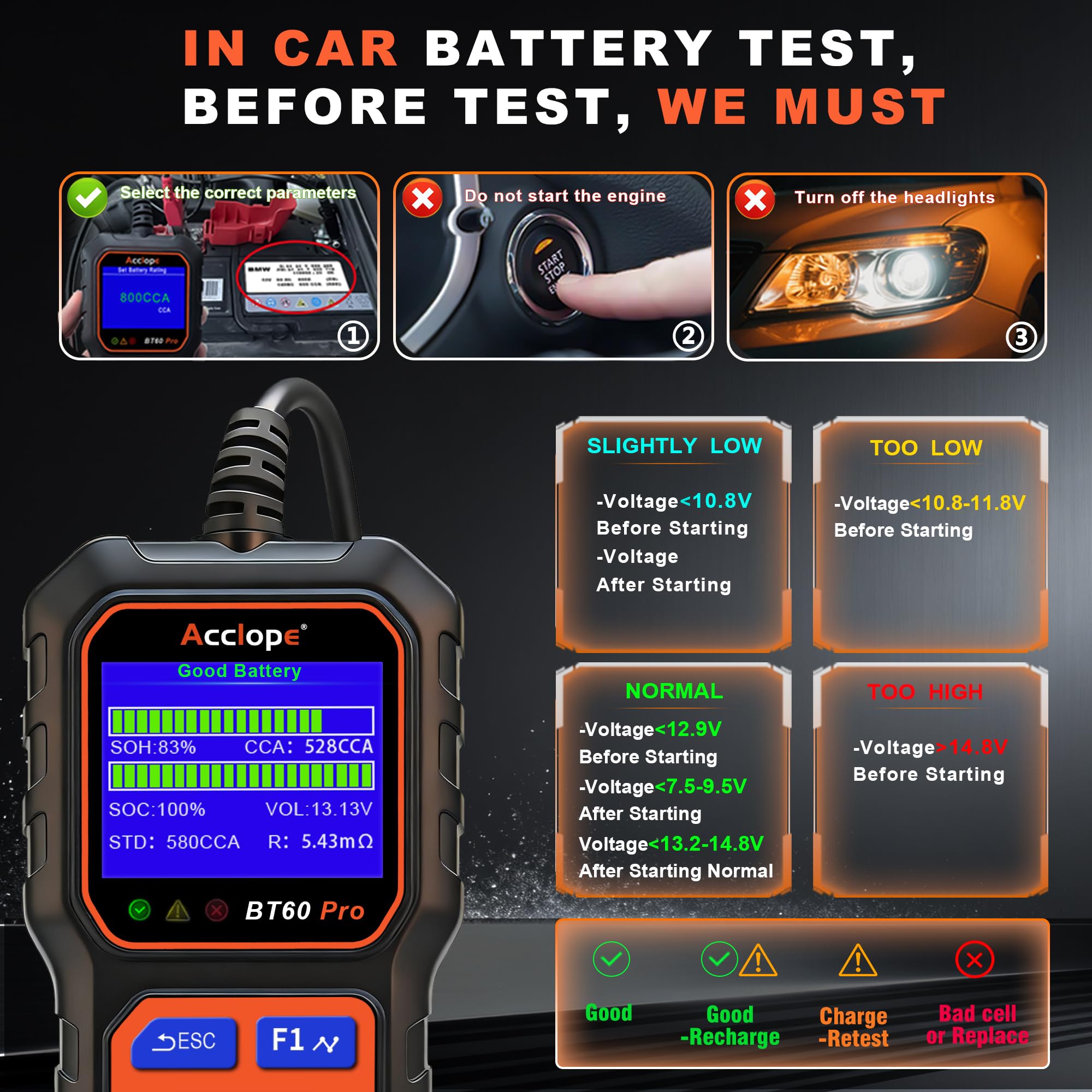 Acclope BT60 PRO Car Battery Tester 6V/12V/24V, 2–120Ah, 100–3000 CCA, Alternator & Starter/Charging System Analyzer, Automotive Load Test, QR Cloud Report (No App), for Car Truck Motorcycle Marine/RV