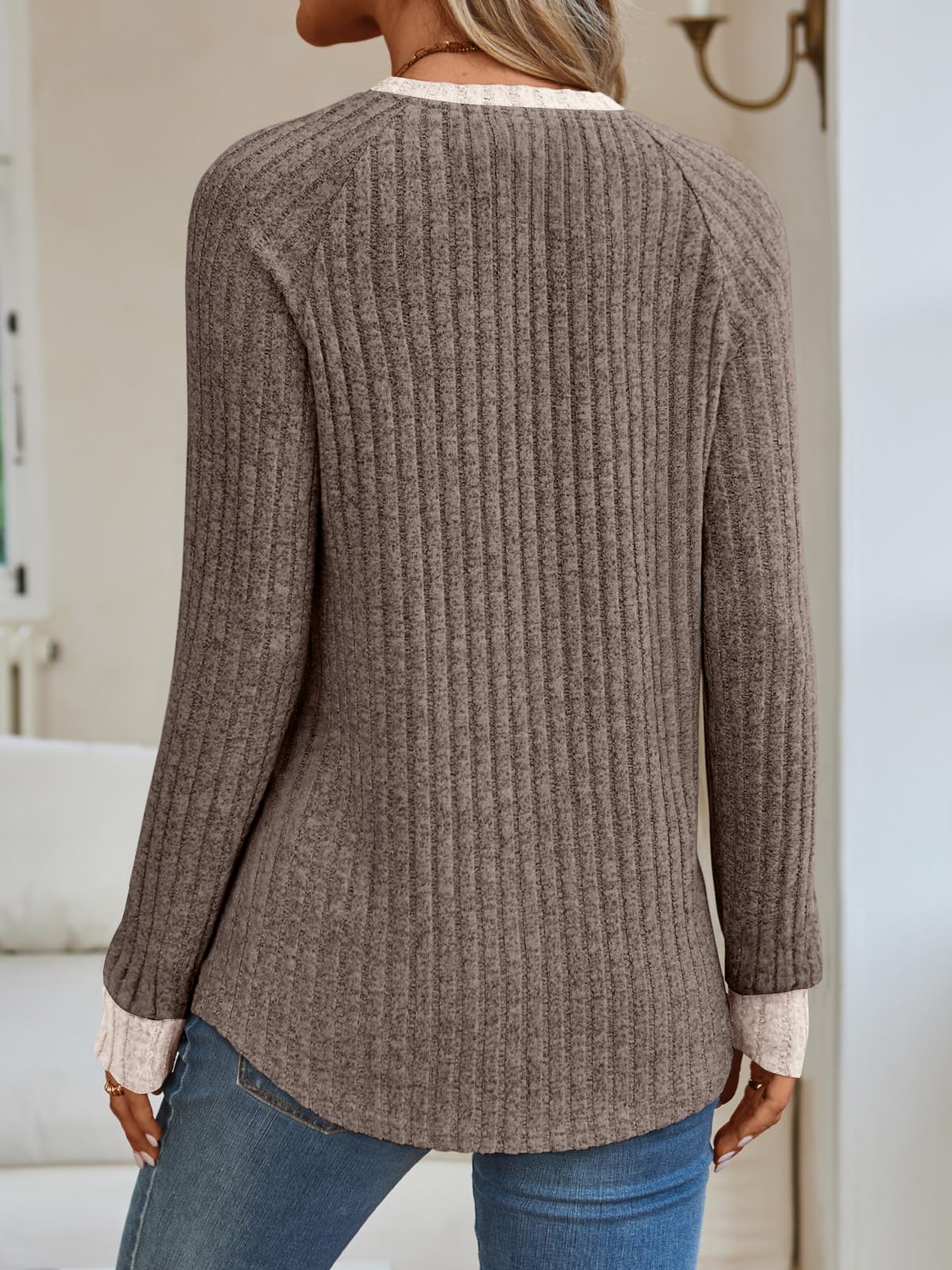 AUTOMET Womens Long Sleeve Tops Winter Clothing 2026 Dressy Casual Tunic Sweaters Fall Fashion Color Block Shirts Khaki 02 L