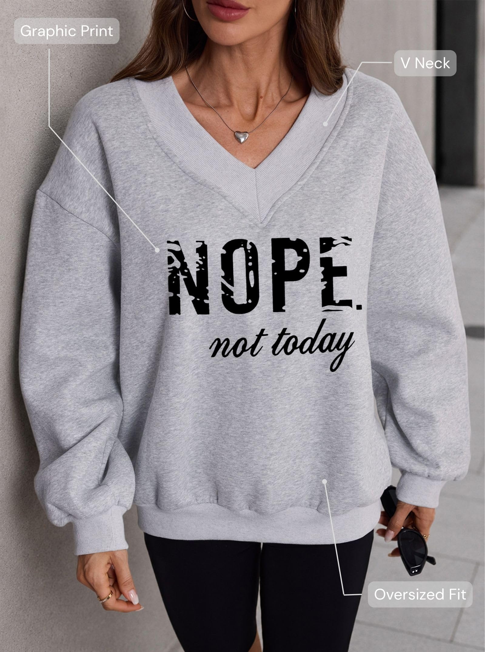Women V Neck Oversized Sweatshirts Graphic Pullover Grey NOPE X-Large