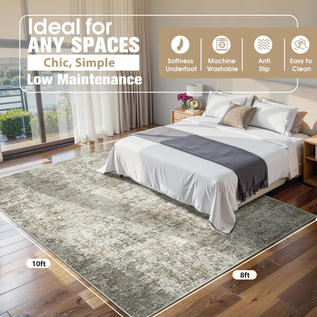 8x10 Area Rugs for Living Room Rug Washable: Abstract Large Rug for Dining Room Bedroom Carpet Non Slip 8 by 10 Indoor Modern Nursery Home Office Beige Brown