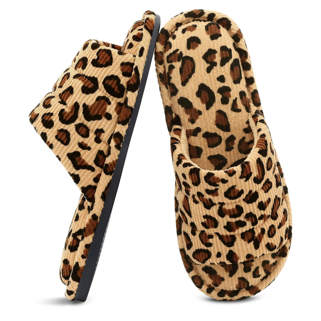 shevalues Summer House Slippers for Women Men Breathable Corduroy Indoor Slippers Slip-on Open Toe Bedroom Shoes with Memory Foam, Leopard 7.5-8.5 Women Men/6-7men