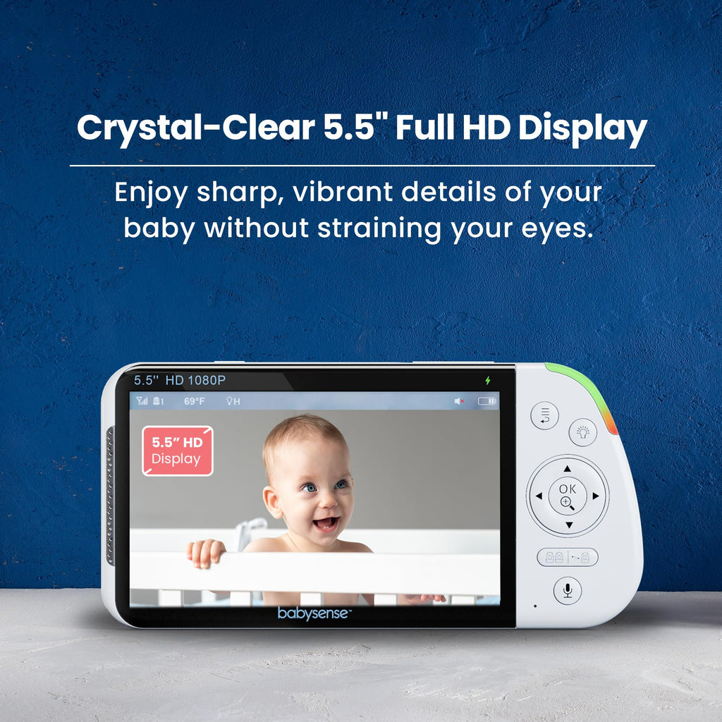 Babysense Full HD 5.5" Split Screen Baby Monitor with 2 Cameras, 6-Color Night Light, White Noise, Sound & Light Machine, 20-Hour Battery, Hack-Proof Non-WiFi Secure Connection