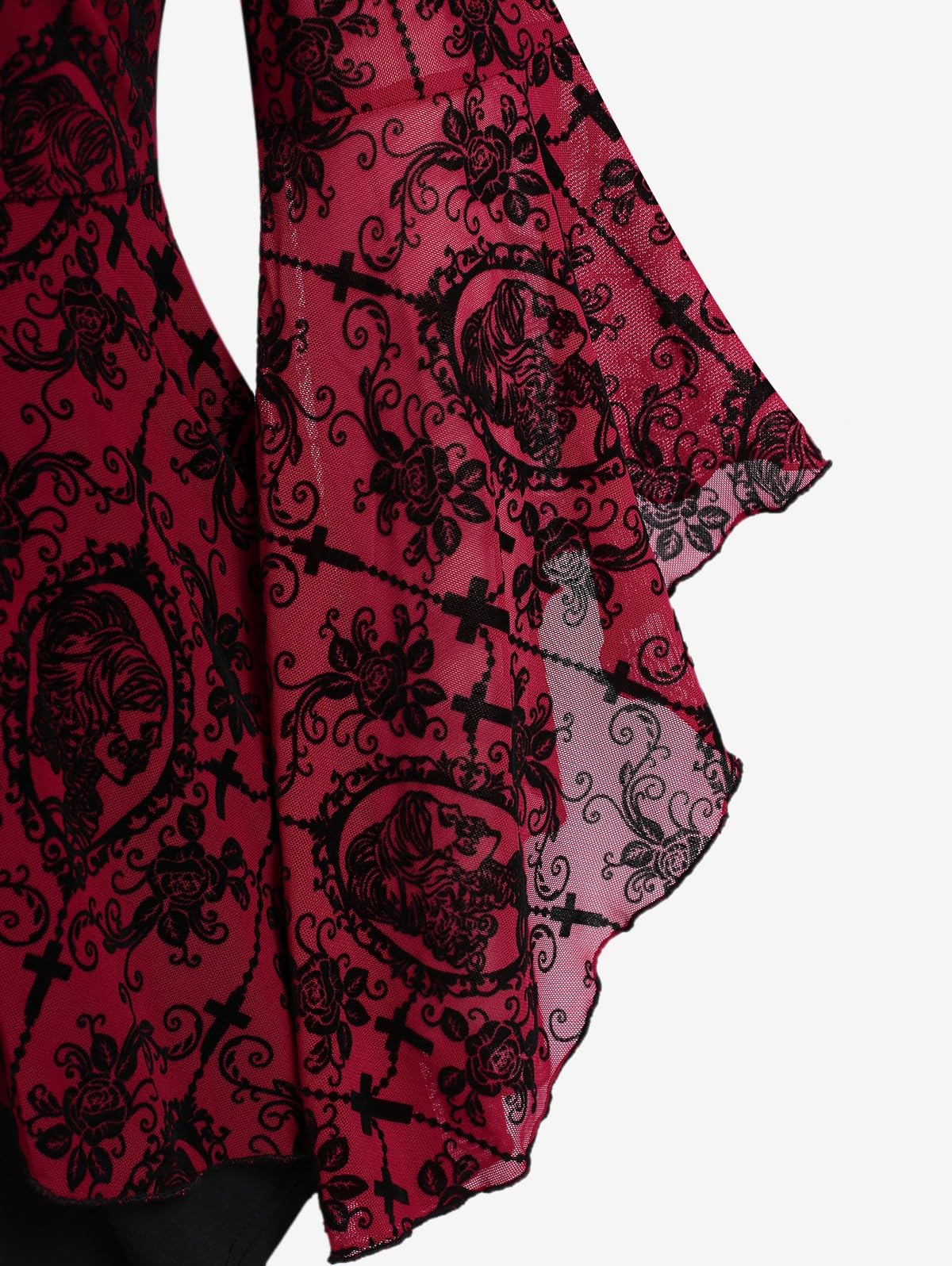 ROSE GAL Women Plus Size Flare Sleeves Ruffles Flower Lace Up 2 in 1 Top Long Sleeves Gothic Costume Top Bell Sleeves Twofer Tee(Red_2/2X)