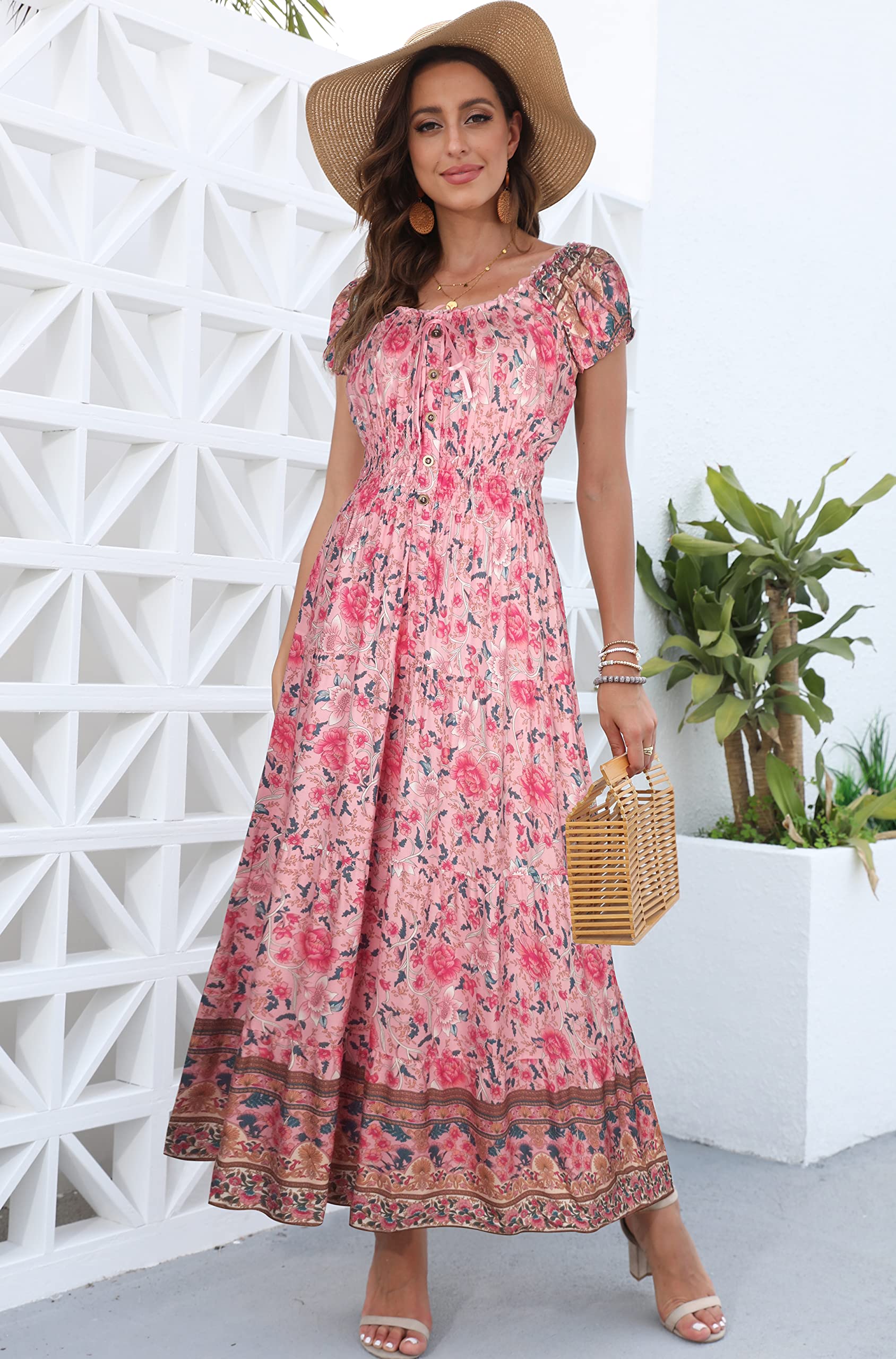 OSTOO Women's 2026 Summer Short Sleeves Boho Floral Print Tiered Casual Flowy Long Maxi Dress(Pink,M)