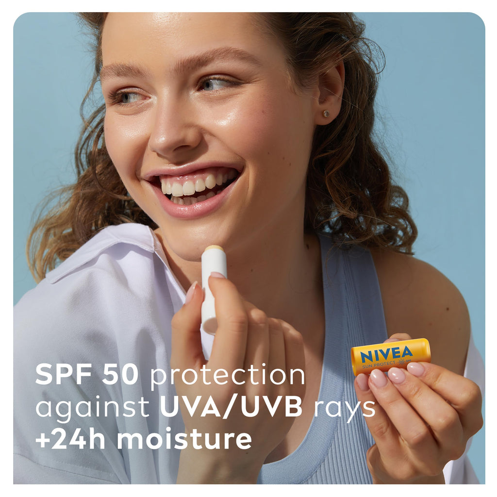 NIVEA SUN Protect Caring Lip Balm SPF50 (4.8g), Factor 50 Balm with Shea Butter, Protection Against UVA/UVB Rays with 24H Moisture, Lip Care, No White Cast
