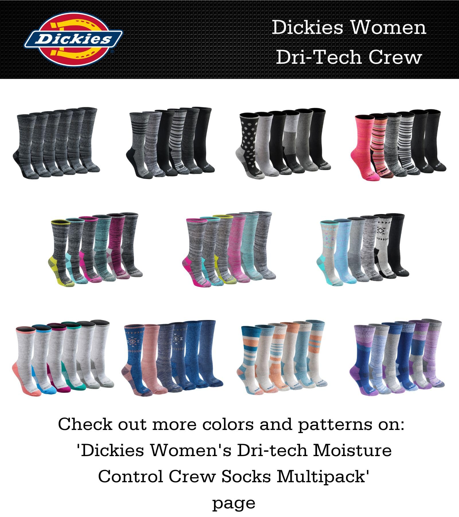 Dickies Women's Dri-Tech Essential Moisture Control Crew Socks, Available in S-XL (6, 12 Pairs), Black Solid (6 Pairs), Medium