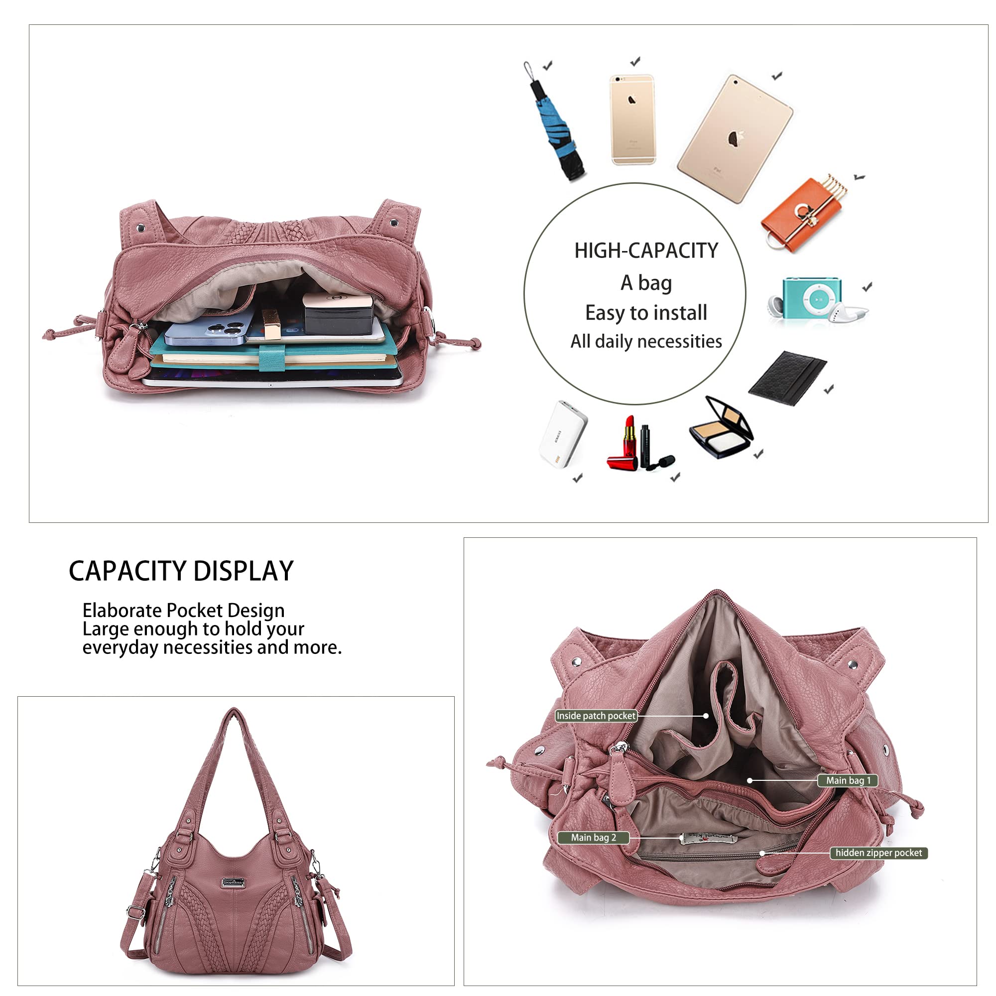 Purses and Handbags Women Fashion Tote Bag Shoulder Bags Top Handle Satchel Purses Washed Synthetic Leather Handbag… 1-1#d.pink 13.8 * 4.7 * 11.8 inches