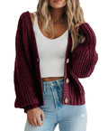 PRETTYGARDEN Women's Long Sleeve Plain Button Down Sweater Classic V-Neck Knit Cardigan Open Loose Outwear Coats (Wine Red,Small)