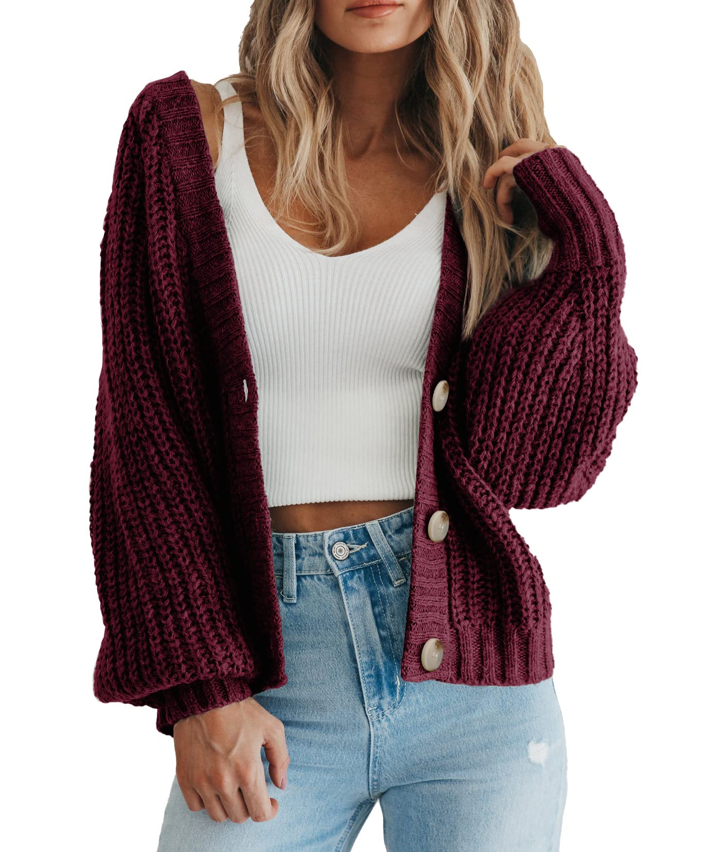 PRETTYGARDEN Women's Long Sleeve Plain Button Down Sweater Classic V-Neck Knit Cardigan Open Loose Outwear Coats (Wine Red,Small)