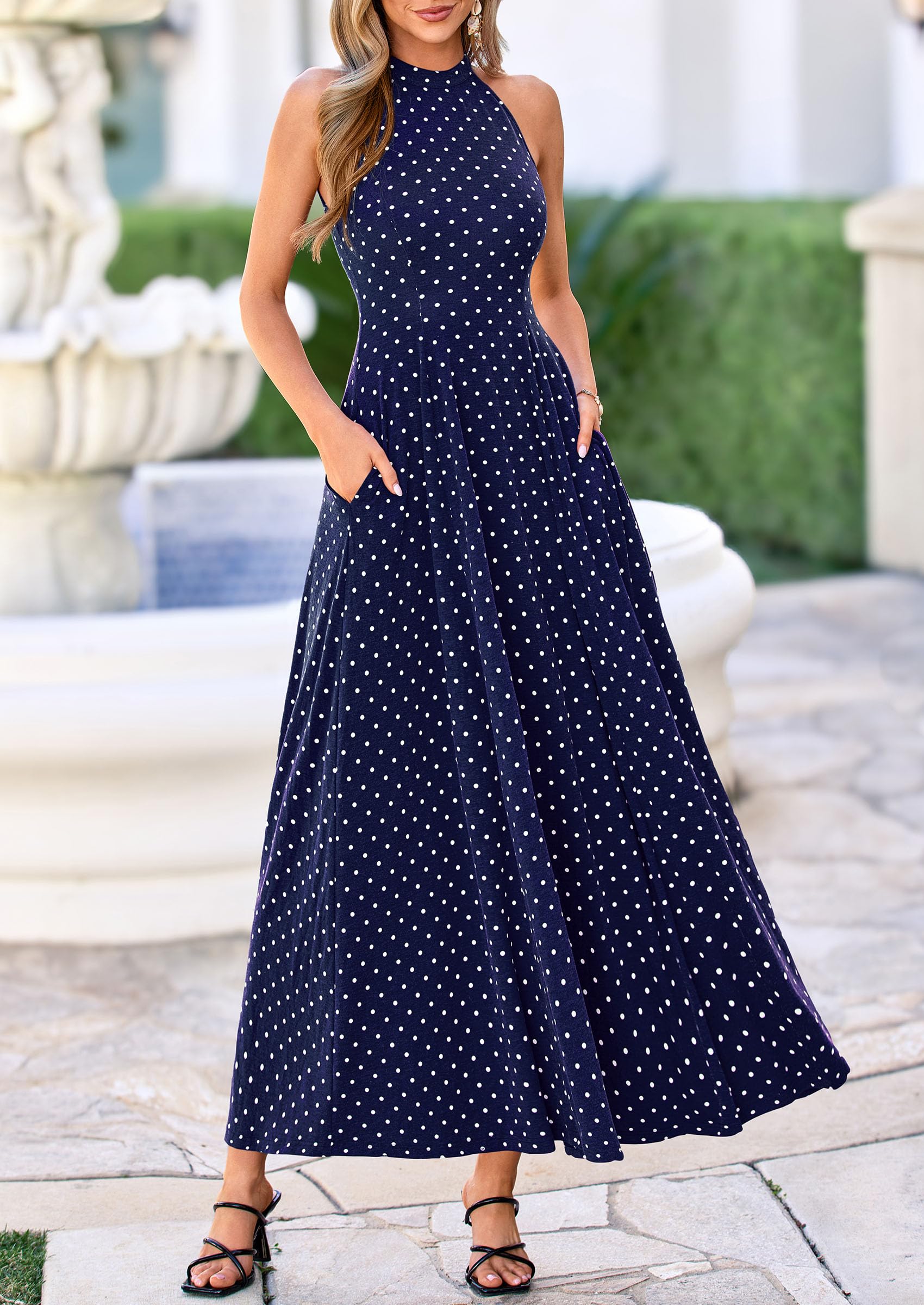 PRETTYGARDEN Summer Halter Dresses for Women 2026 Vacation Outfits Sleeveless Polka Dot Sundress Wedding Guest Maxi Dress(Dot Dark Blue White,Medium)