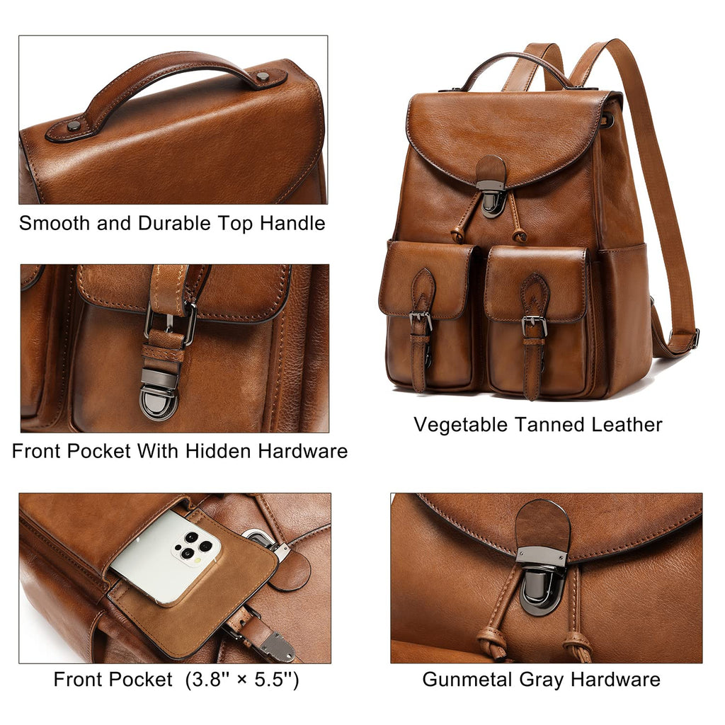 COOLCY Women Vintage Genuine Leather Backpack Purse Fashion Rucksack Practical and Stylish Retro Daypack Bag (Brown)