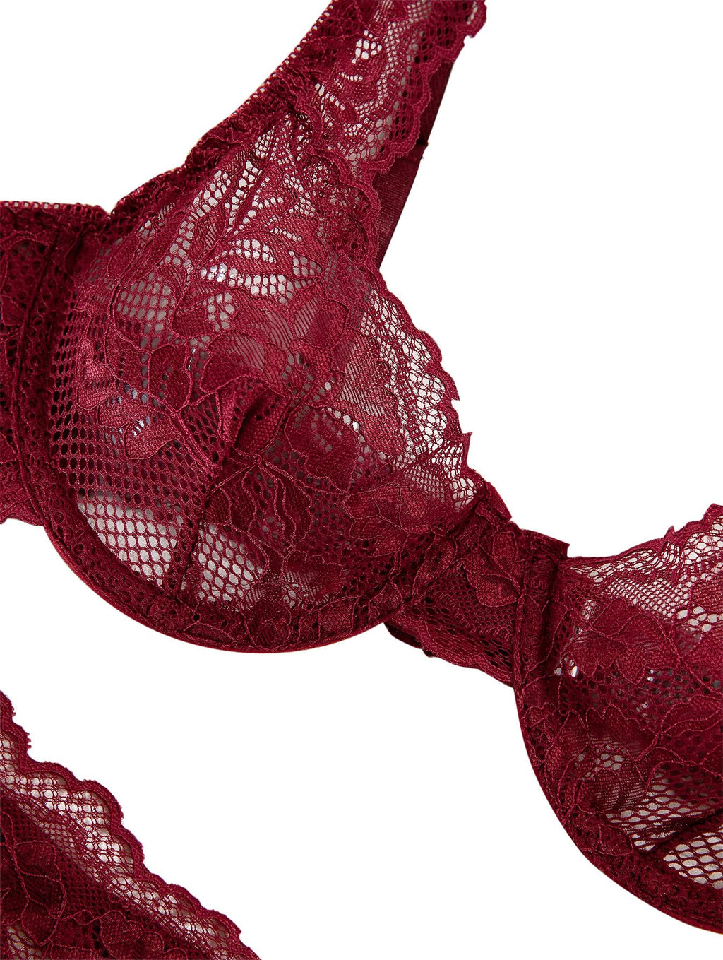 Lilosy Petite Sexy Floral Lace Scallop Underwire Push Up Sheer Lingerie Set Outfits Women See Through Match Thong Bra and Panty 2 Piece Burgundy Red #2 XXX-Small