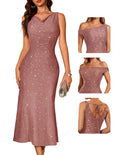 BeryLove Cocktail Formal Wedding Guest Sequin Gown Prom Midi Evening Party Bodycon Sparkle Dresses Ruched Christmas Sleeveless Long Dress 0035 Blush S