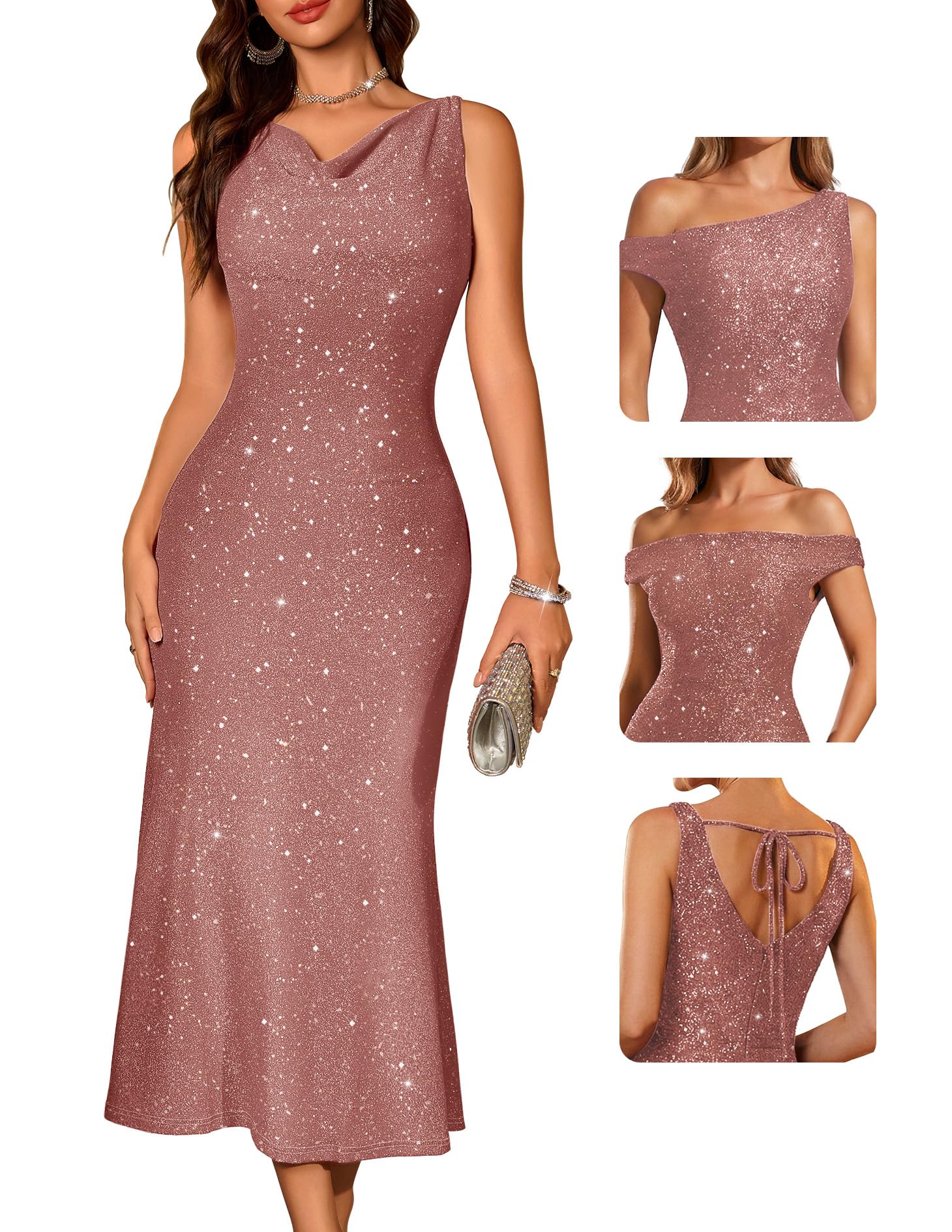 BeryLove Cocktail Formal Wedding Guest Sequin Gown Prom Midi Evening Party Bodycon Sparkle Dresses Ruched Christmas Sleeveless Long Dress 0035 Blush 2XL