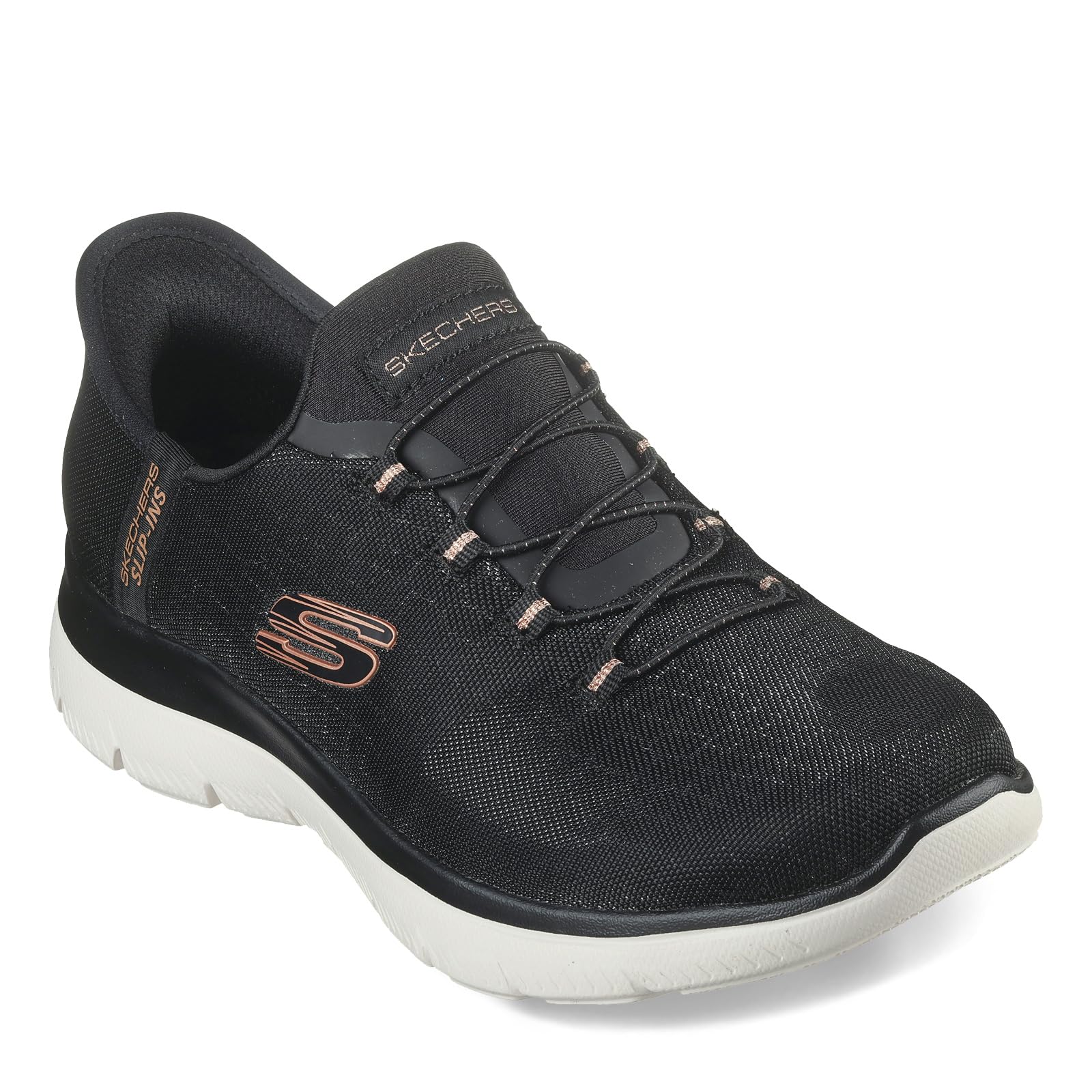Skechers Women's Hands Free Slip-ins Summits Classy Night Sneaker, Black Rose Gold, 7