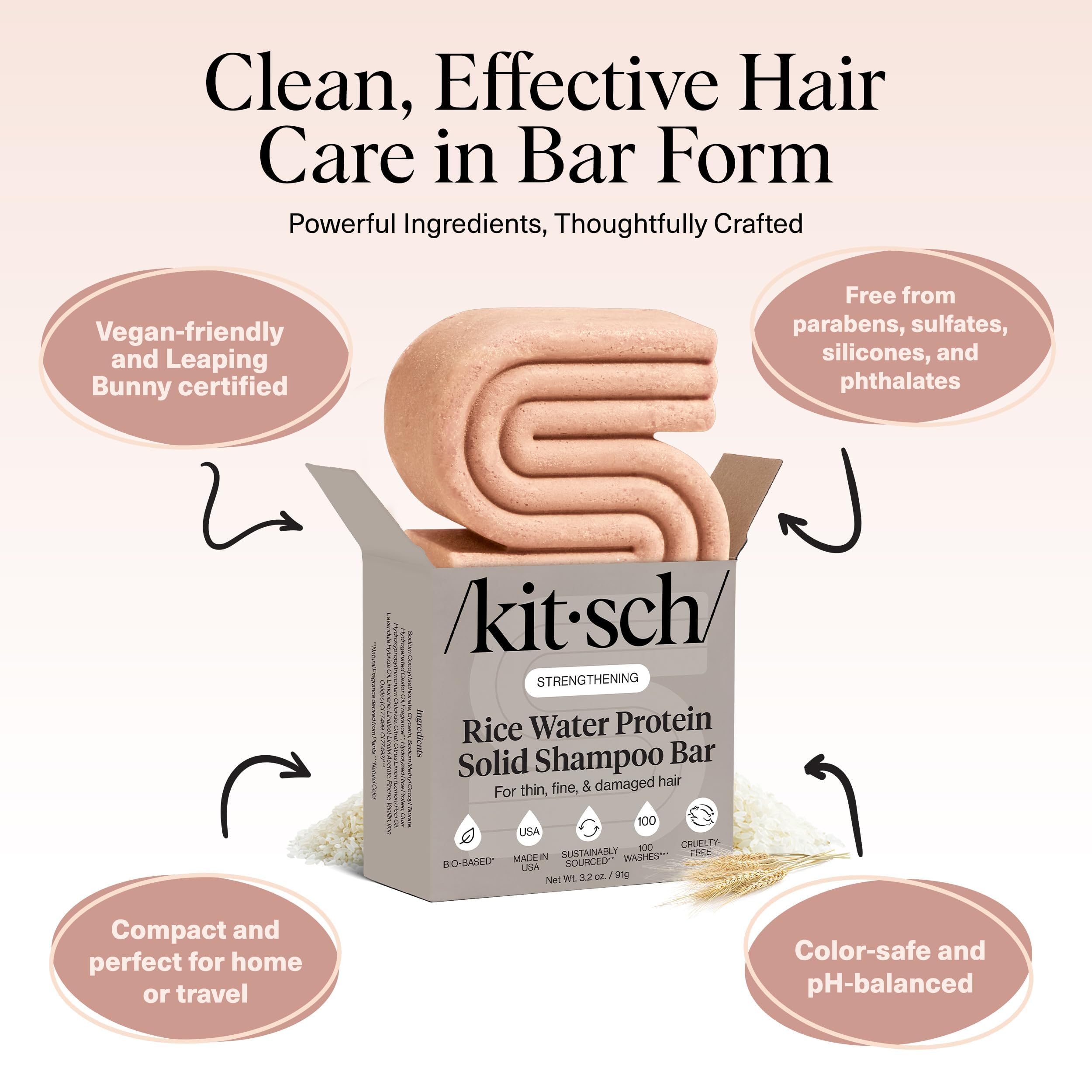 Kitsch Rice Water Shampoo Bar for Hair Growth – Strengthening Hair Shampoo for Men and Women – Reduce Breakage, Boosts Shine – Paraben, Silicone & Sulfate-Free, Vegan Hair Care - 3.2 oz