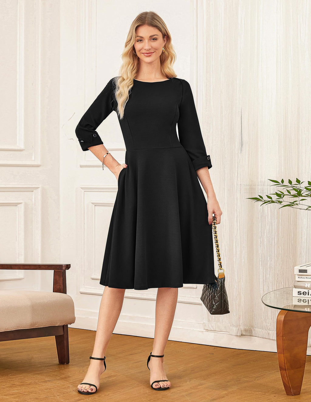 GRACE KARIN Church Dresses for Women Business Casual 3/4 Sleeve Dress Fit and Flare Elegant Midi Work Dress Black L