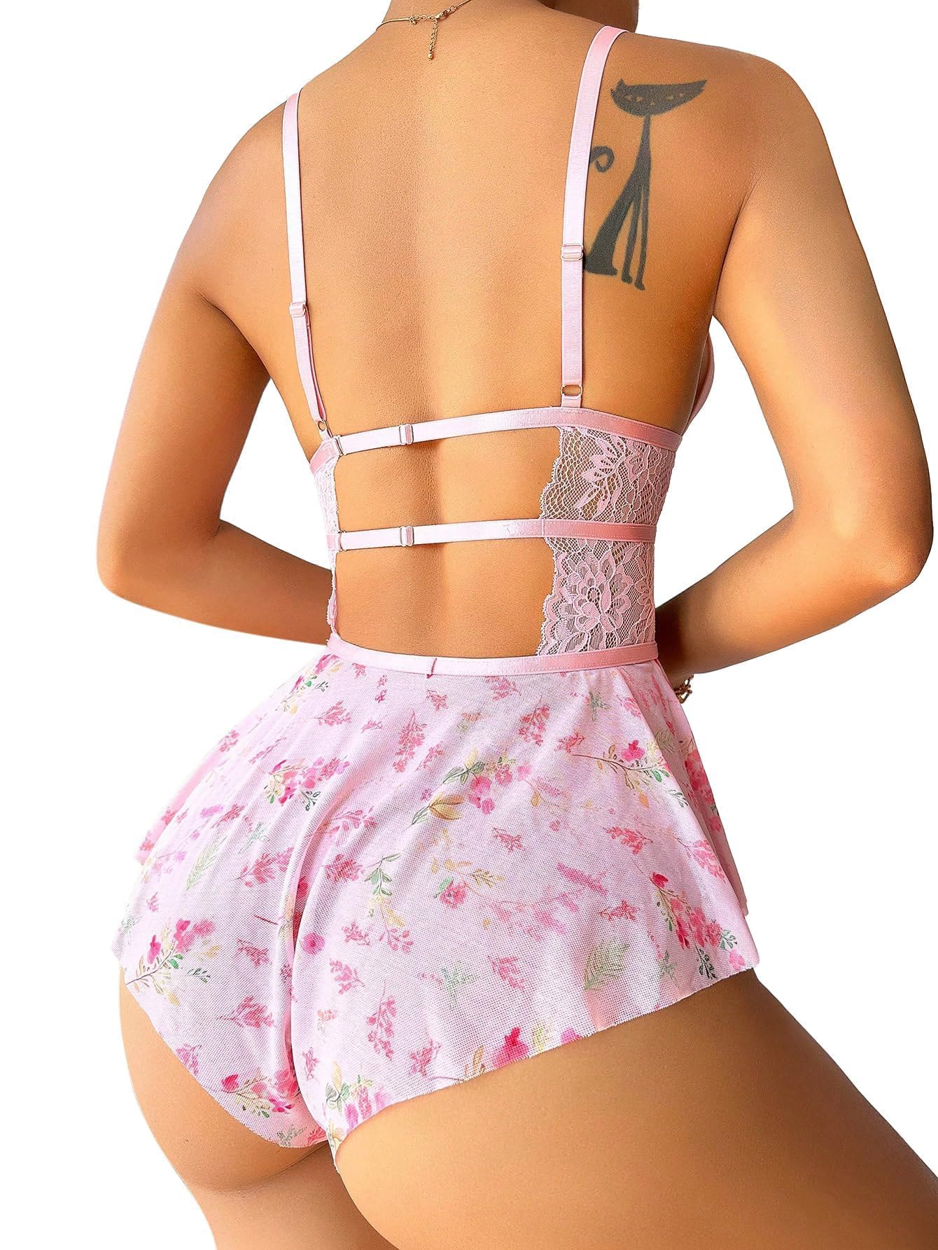 Lilosy Petite Sexy Bows Floral Lace Mesh Babydoll Lingerie Romper Cutout Nightwear Women Bodysuit Nightshirt Teddy Pink XX-Small