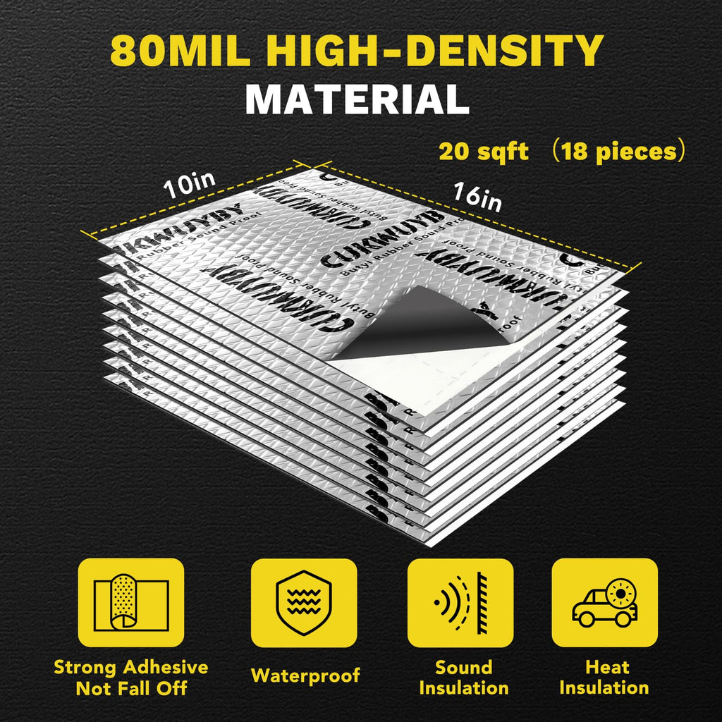 Sound Deading Material for Cars, 80mil (2mm) 20 sqft (1.86 sqm) Car Sound Deadening Mat, Butyl Automotive Sound Deadener, Noise Insulation and Vibration Dampening Material (18 pcs)