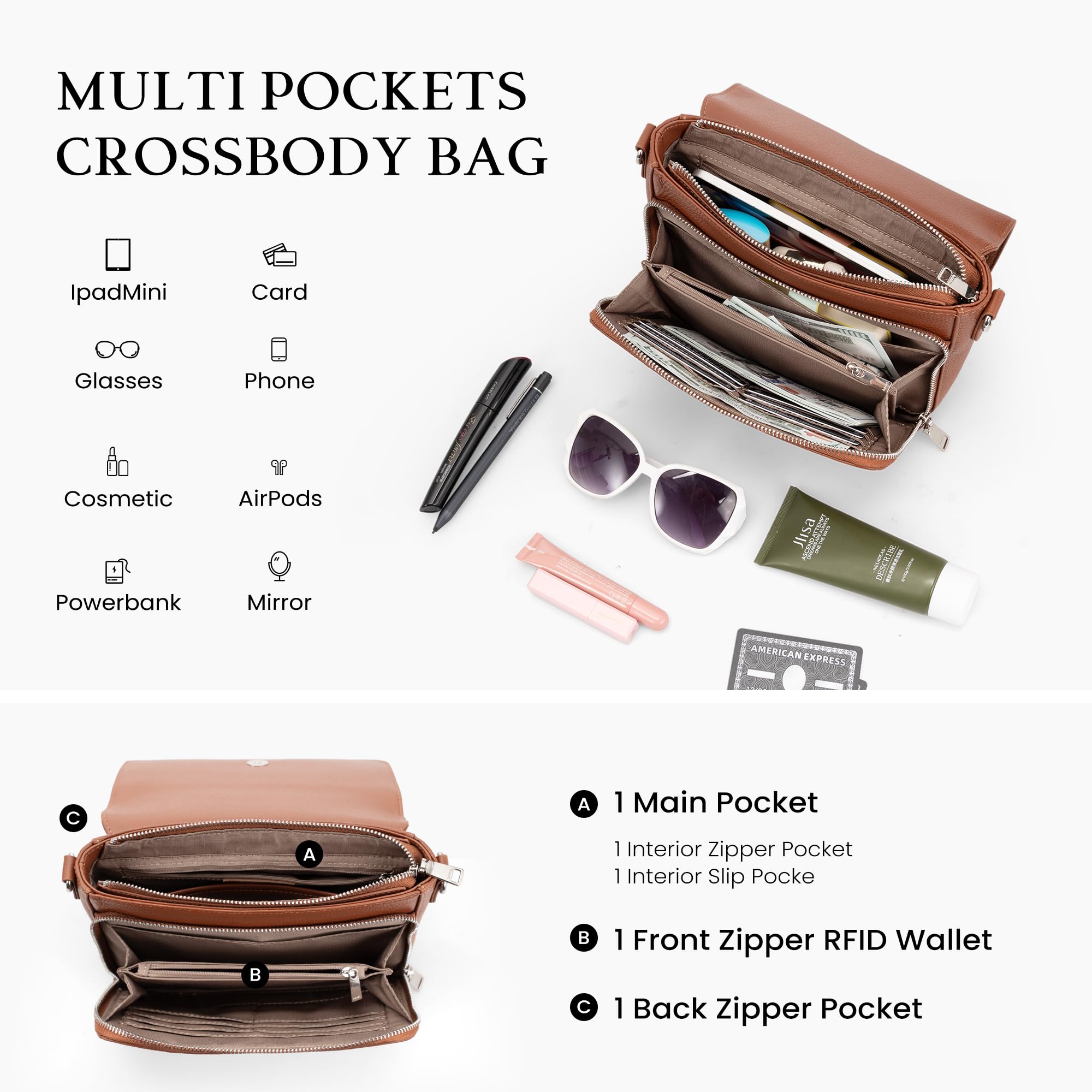 befen Genuine Leather Purses for Women Brown RFID Crossbody Bag for Travel Soft Medium Crossbody Wallet Trandy Leather Purse with Built in Wallet Womens Shoulder Handbag with Adjustable Strap