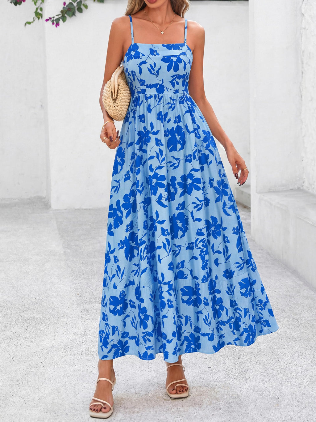 PRETTYGARDEN Women Summer Maxi Dresses 2026 Spaghetti Strap Boho Floral Striped Wedding Guest Beach Vacation Flowy Long Dress(Light Blue Blue Flower,Small)