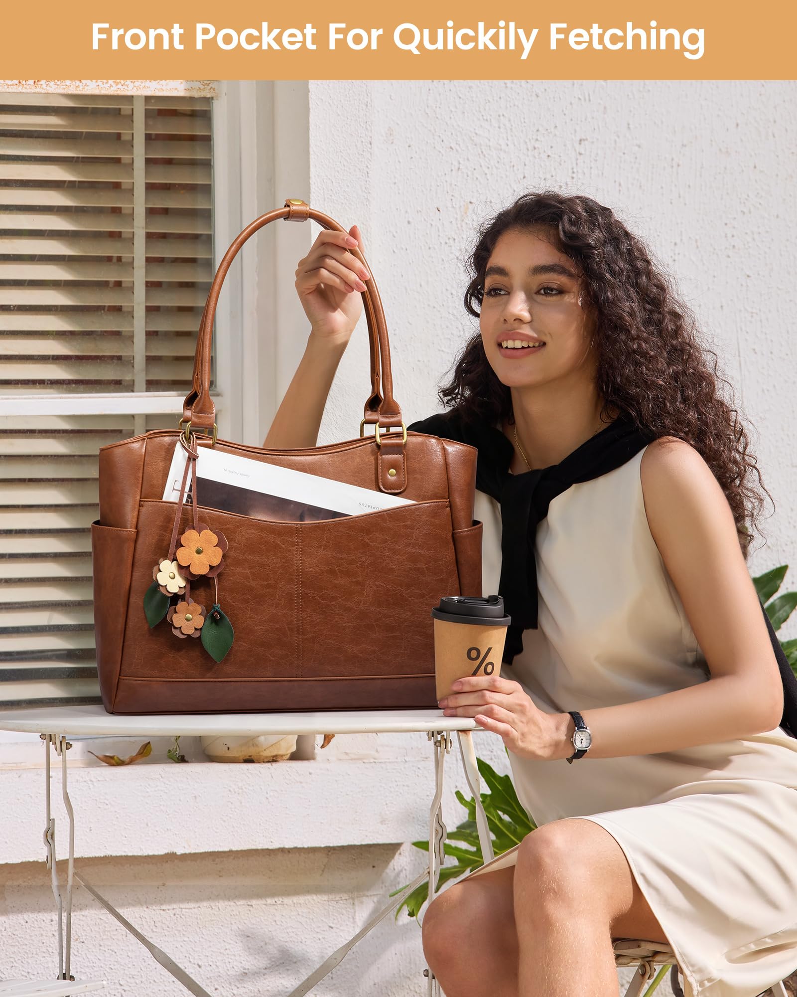 LOVEVOOK Laptop Bag for Women, 17.3inch Original Vintage Work Tote Bag Computer Office Teacher Bag with Large Cup Holder, Brown