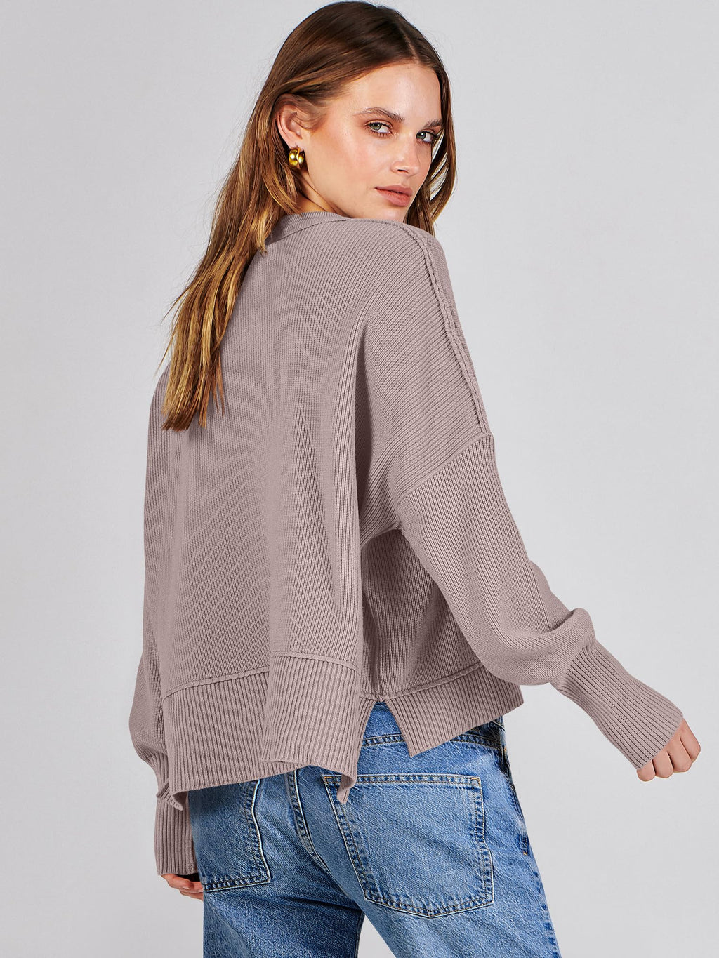 ANRABESS Womens Cropped Sweaters Oversized Crewneck Long Batwing Sleeve Side Slit Ribbed Knit Pullover Tops 2025 Fall Clothes Medium