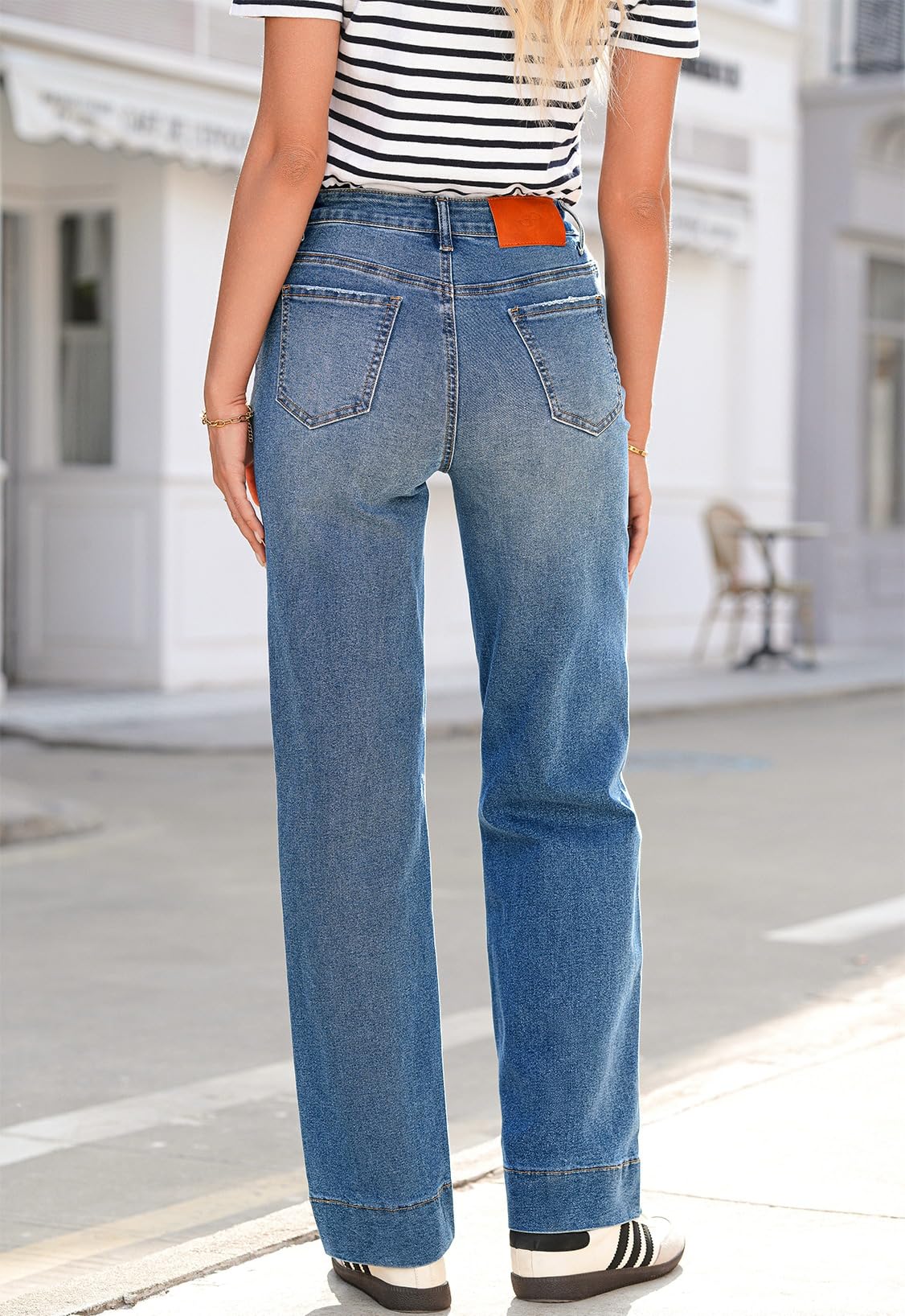 Sidefeel Women's Wide Leg Jeans High Waisted Stretchy Straight Baggy Drawstring Denim Pants Light Blue Size 8