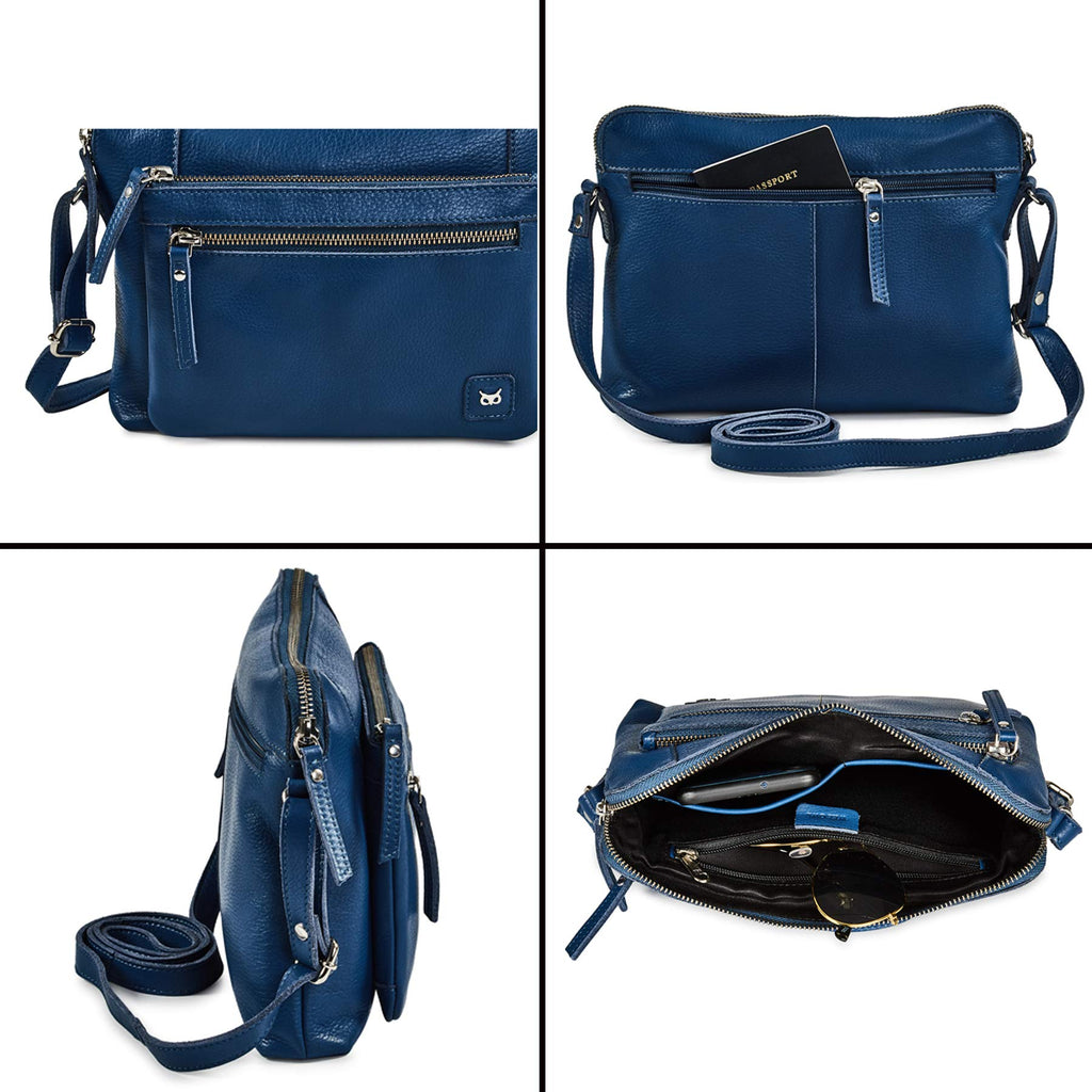 Leather Crossbody Bags for Women Small Soft Genuine Pebbled Sling Shoulder Handbag Crossover Purse with Full Adjustable Strap (Sapphire Blue Nappa)