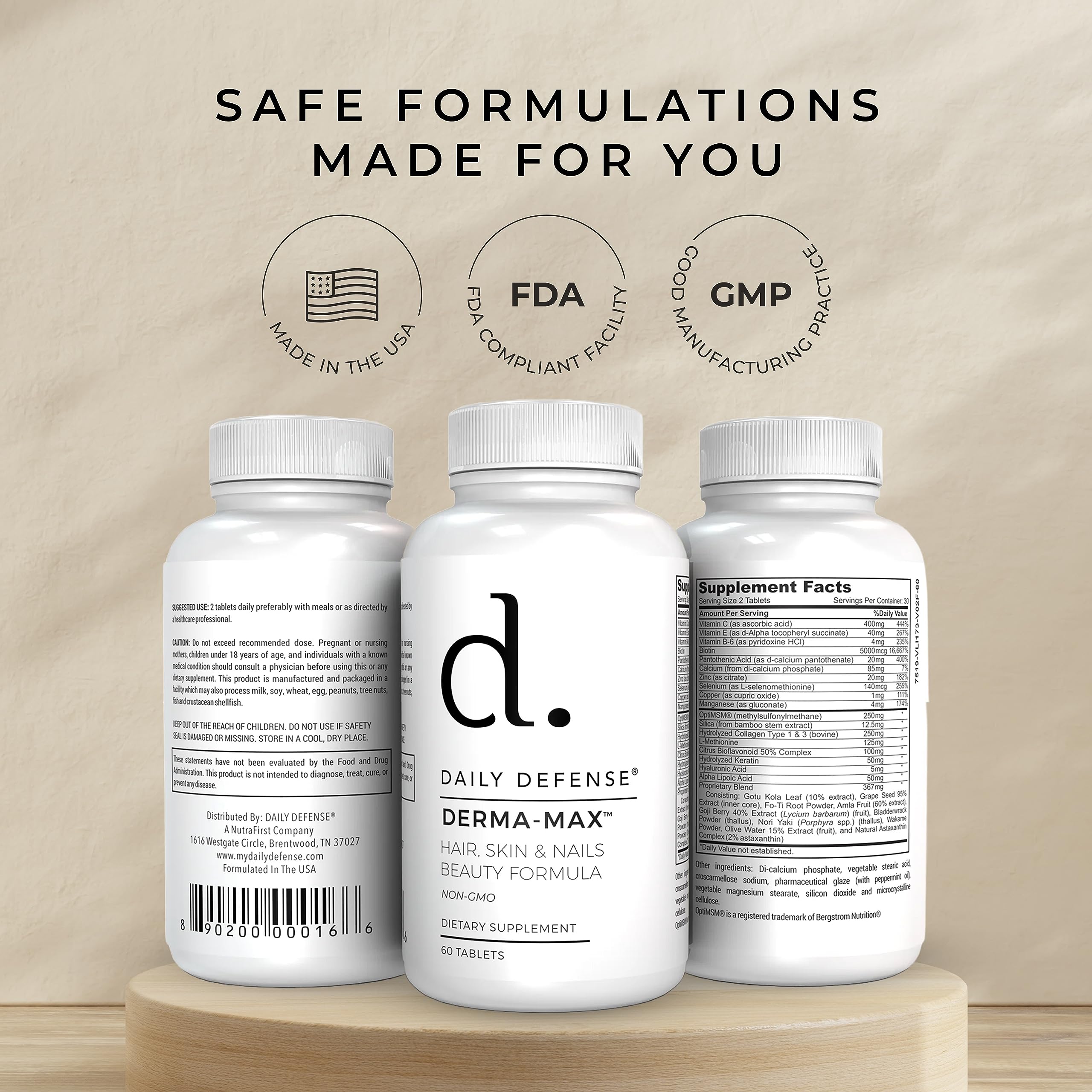 Daily Defense Collagen Supplements for Women - Hair Skin and Nails Vitamins with Biotin and Collagen, Calcium & More for Healthy Hair, Healthy Nails & Healthy Skin - Hair Vitamins for Men & Women