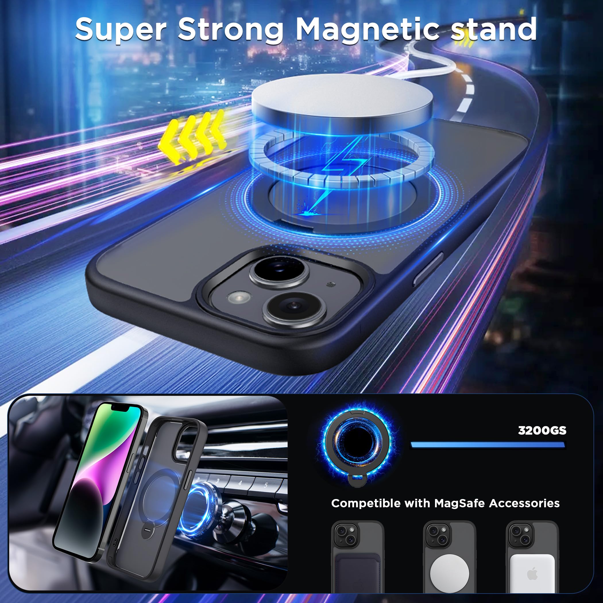 CACOE Magnetic Case for iPhone 13/14 6.1 inch with 360 Rotatable Ring Stand, Compatible with MagSafe Car Phone Mount, Cases Cover Phone Holder for Desk Meeting/Videos Matte Black
