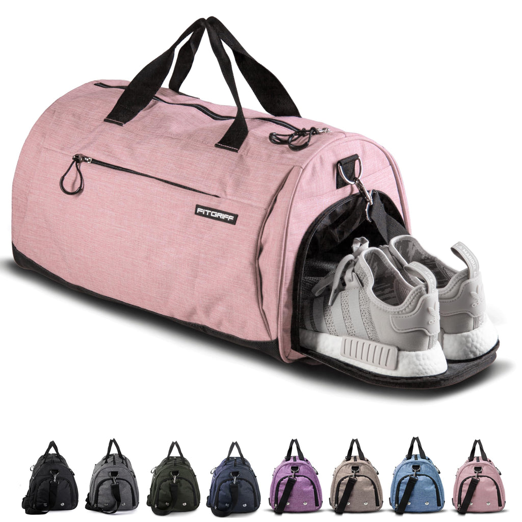 Fitgriff® Gym Bag for Men & Women with Shoe & Wet Compartment - Duffle Bag for Travel, Sports, Fitness & Workout (Pink, 19 x 10 x 10″ (S))