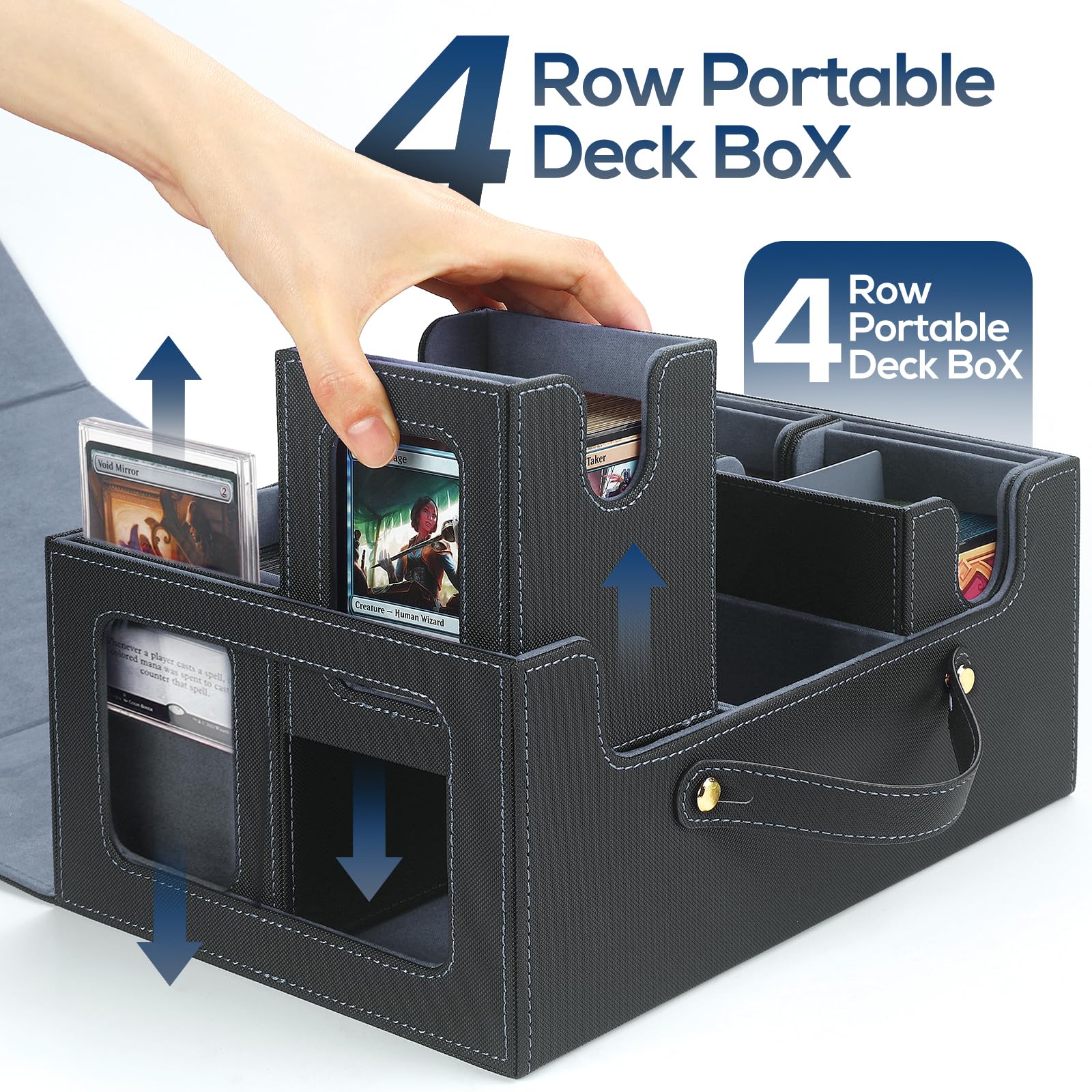 STTRBOX Trading Card Storage Box for MTG, MTG commander deck box，Multi-purpose Deck Case for MTG TCG Sports Card, 4 Toploaders, 4 Stoppers, 4 Colorful Dividers (Black & Grey)