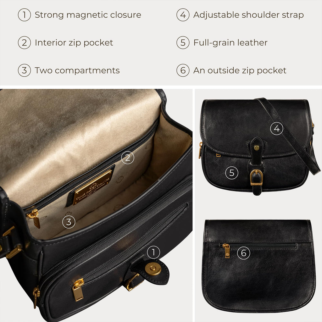 Time Resistance Leather Crossbody Bag for Women - Handbag, Shoulder Bag, Messenger, Purse (Black) - Gift Box Included