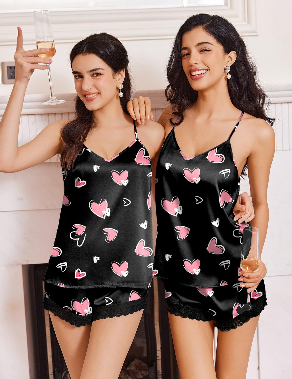 Ekouaer Satin Pajamas Women Lace Sleepwear Lingerie Cami Shorts Set Nightwear XS-XXL