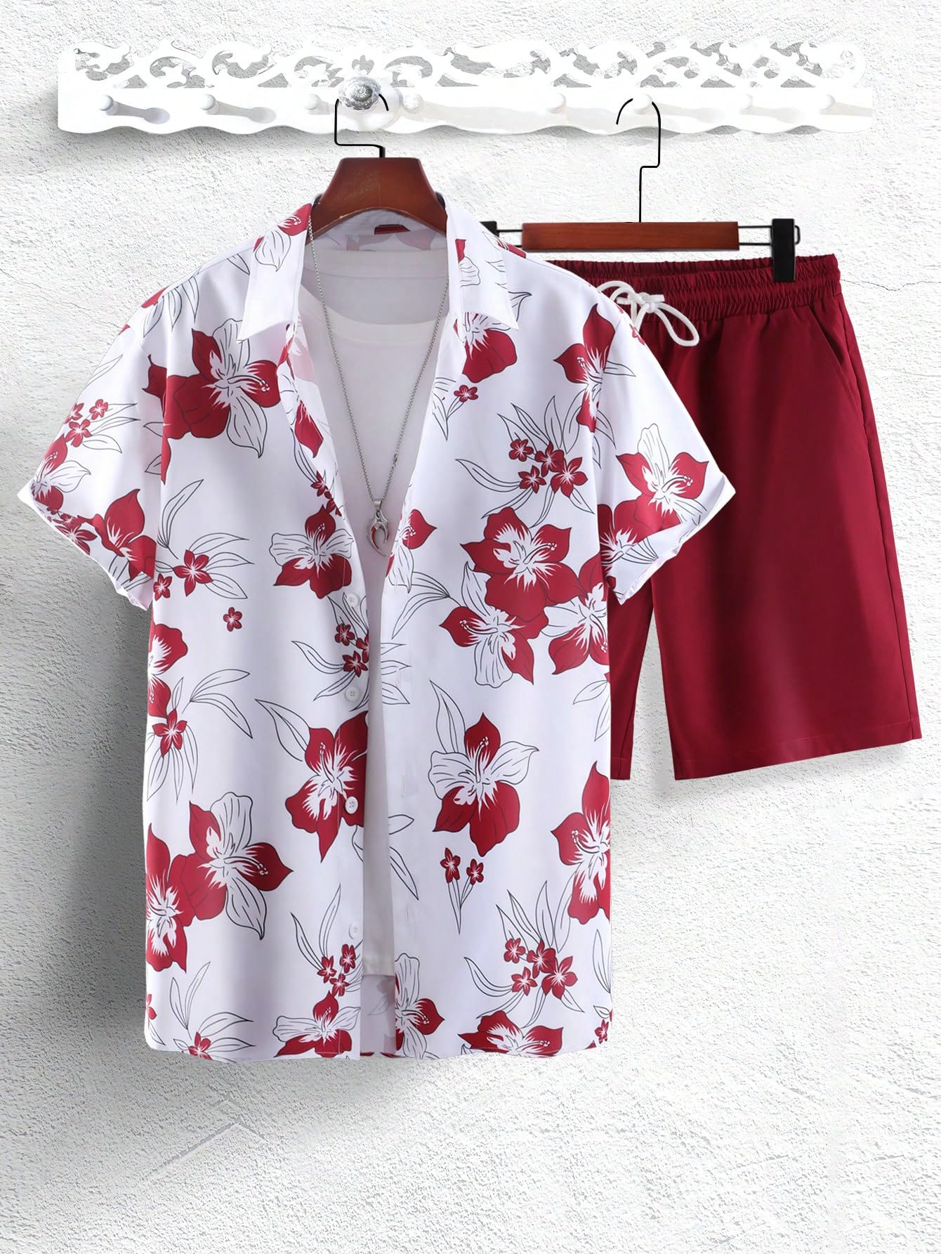 GORGLITTER Men's Vacation Beach Cruise Summer Outfits 2 Piece Shorts Set Hawaiian Button Down Shirt and Shorts Red and White X-Large