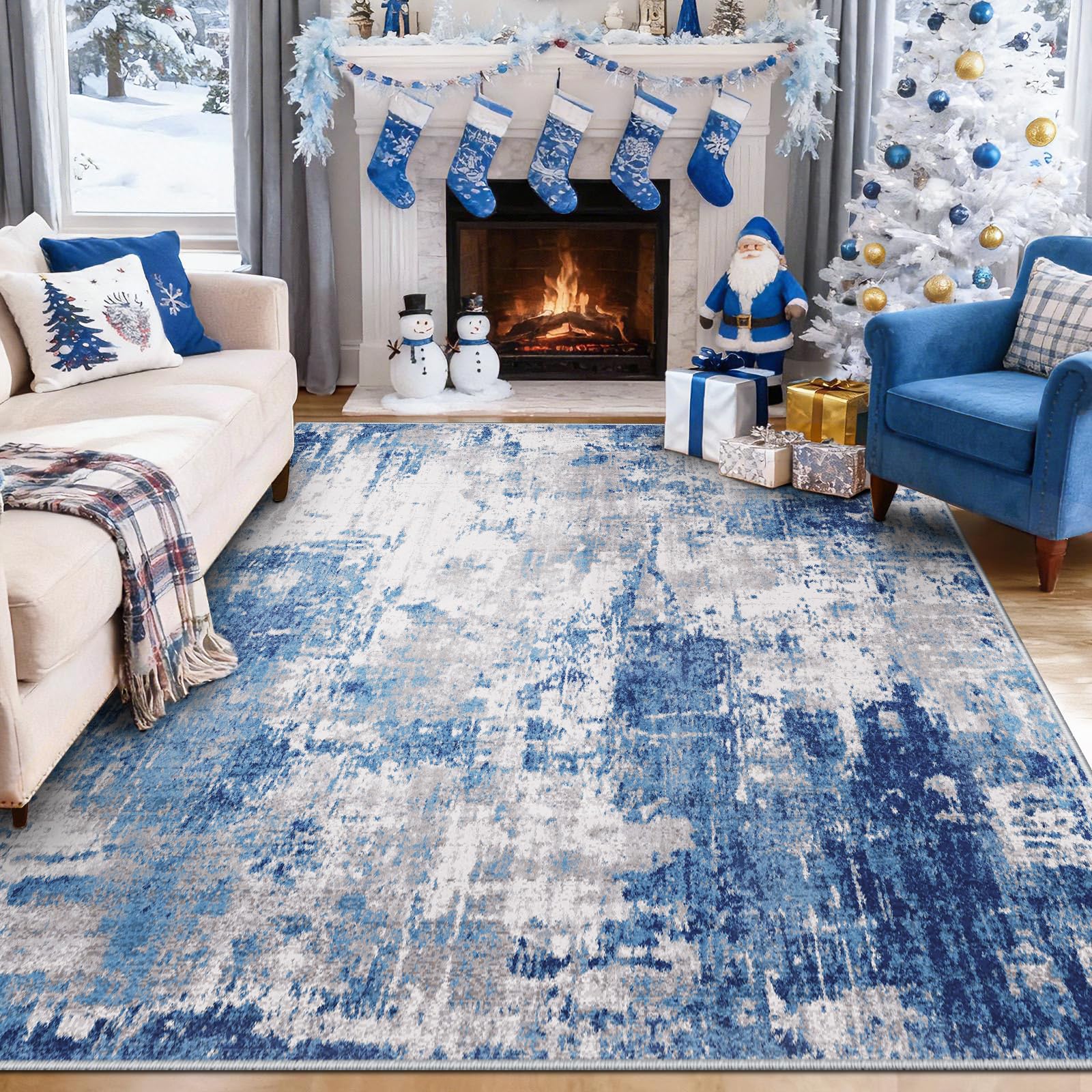 RELEANY Washable Area Rugs 5'x7' Non-Slip Modern Abstract Soft for Living Room Entryway Bedroom Nursery, Print Pattern, Blue Grey Navy Gray