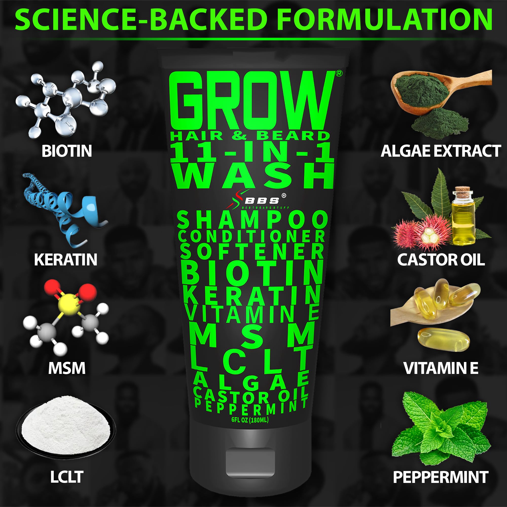 Beard Wash Shampoo & Conditioner 11-in-1 – GROW Hair & Beard Growth Wash with Biotin, Castor Oil, Peppermint & Keratin – Supports Thicker Hair & Beard Growth
