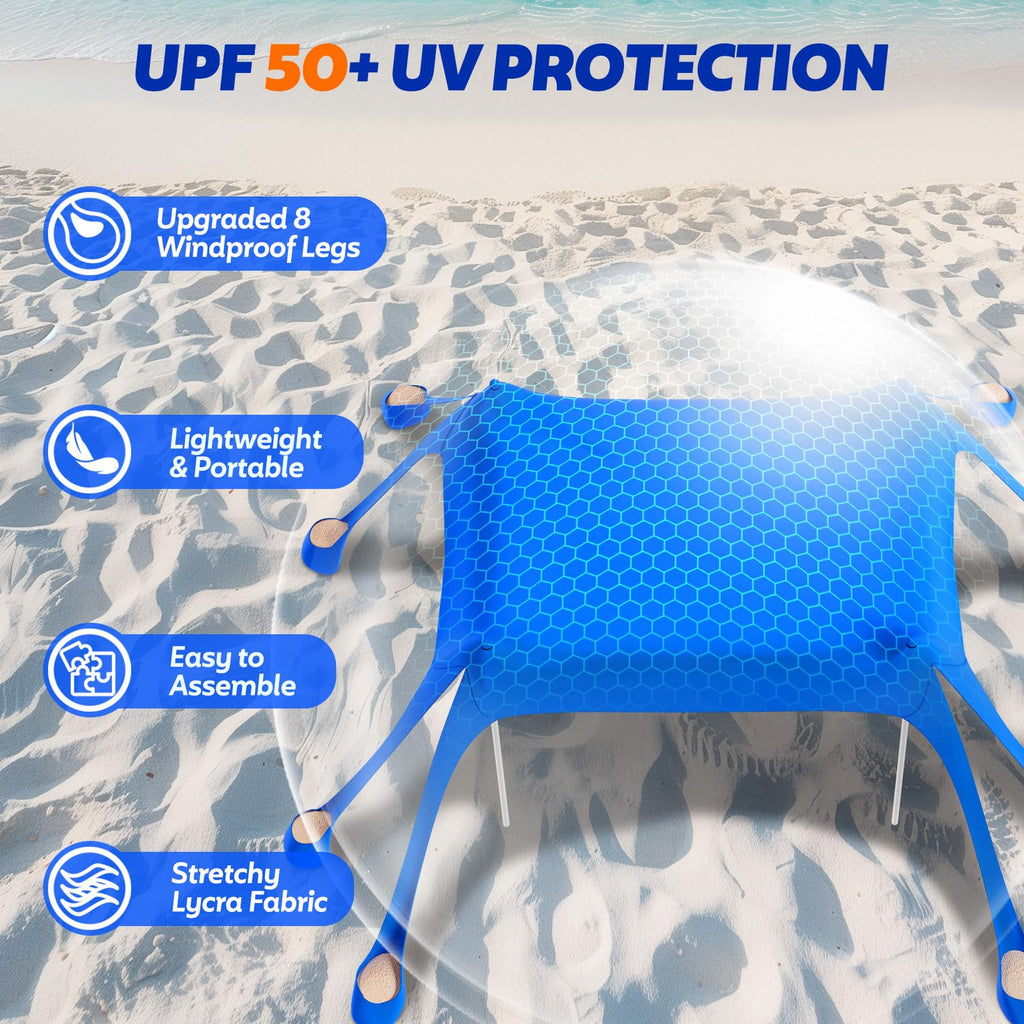 FAHKNS Beach Tent, Camping Sun Shade UPF50+ with 8 Sandbags, Sand Shovel, Ground Spikes and Stabilizer Poles, 10x10ft Beach Sunshade, Beach Tent for Camping, Fishing and Picnicking (Blue)