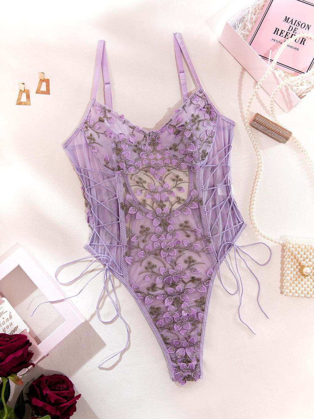 Lilosy Women Sexy Lace Up Floral Embroidered Teddy Babydoll Lingerie Bodysuit Top Mesh Sheer One Piece See Through Lavender Light Purple Medium